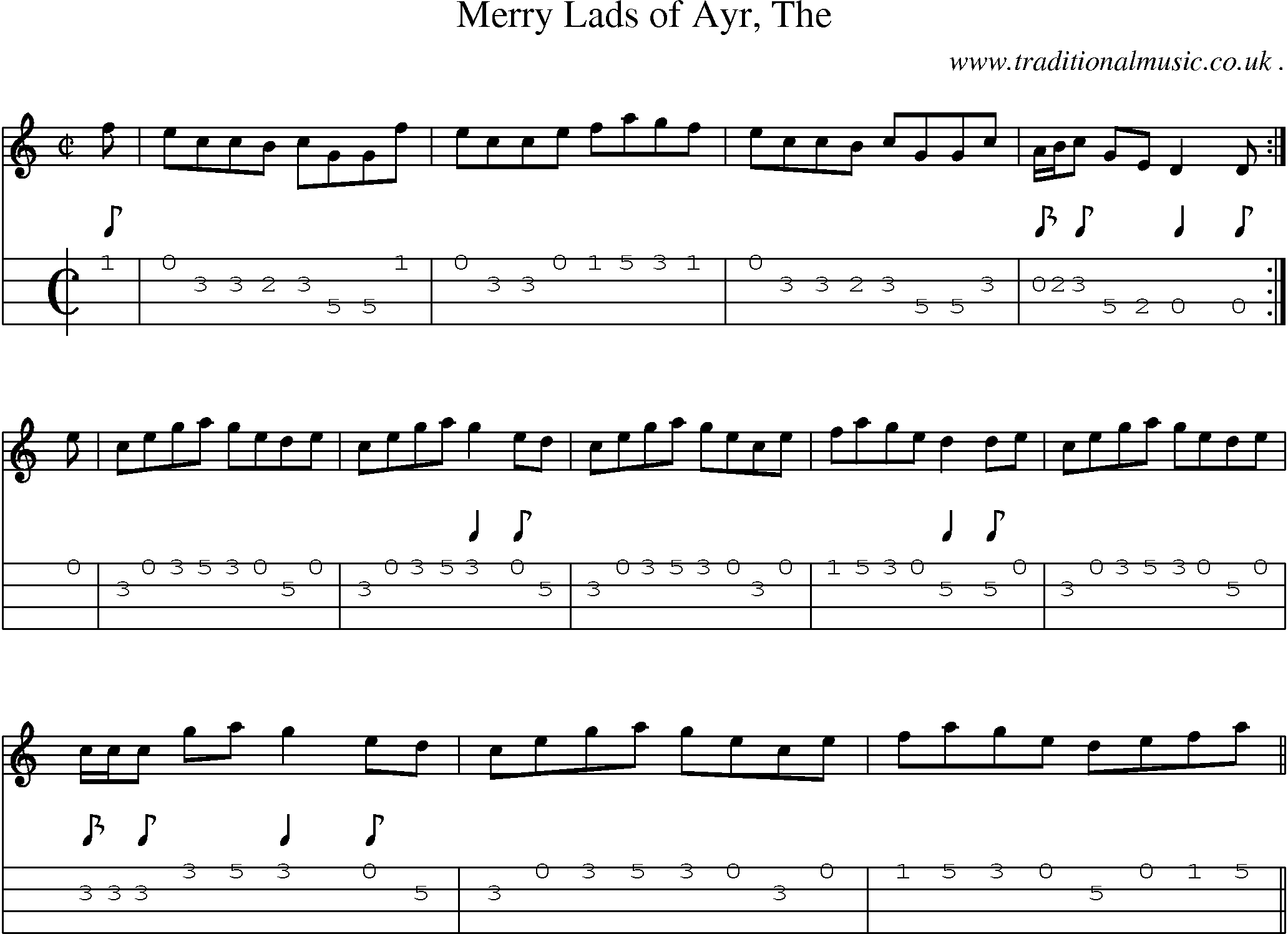 Sheet-music  score, Chords and Mandolin Tabs for Merry Lads Of Ayr The
