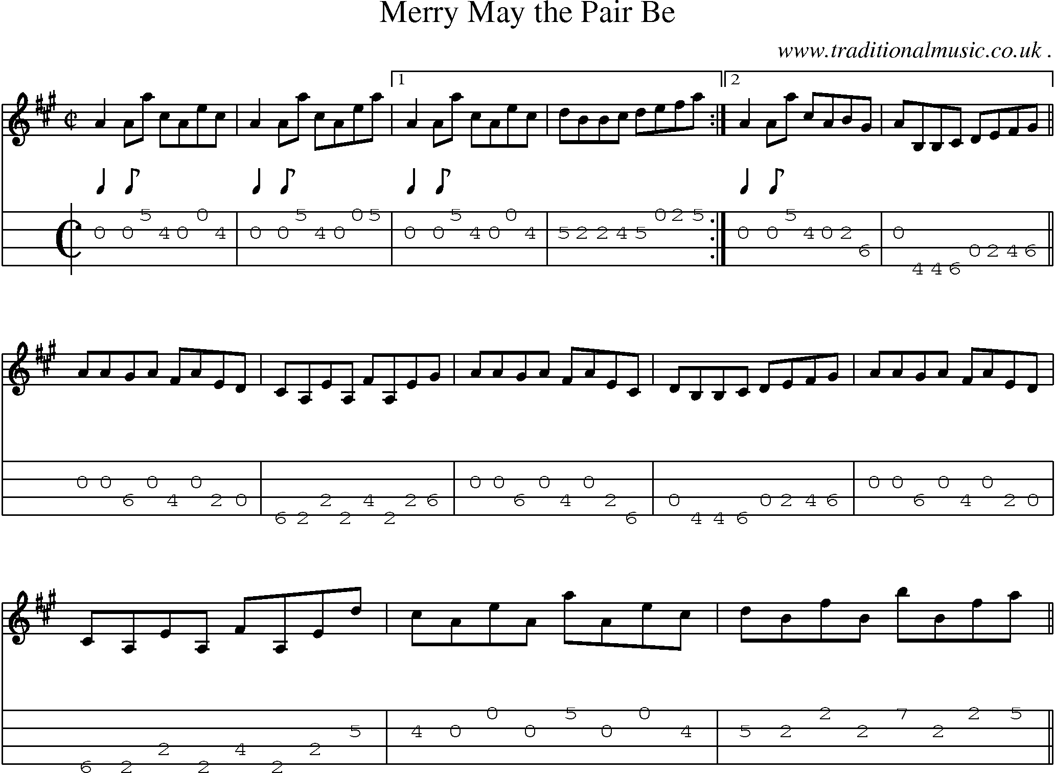Sheet-music  score, Chords and Mandolin Tabs for Merry May The Pair Be