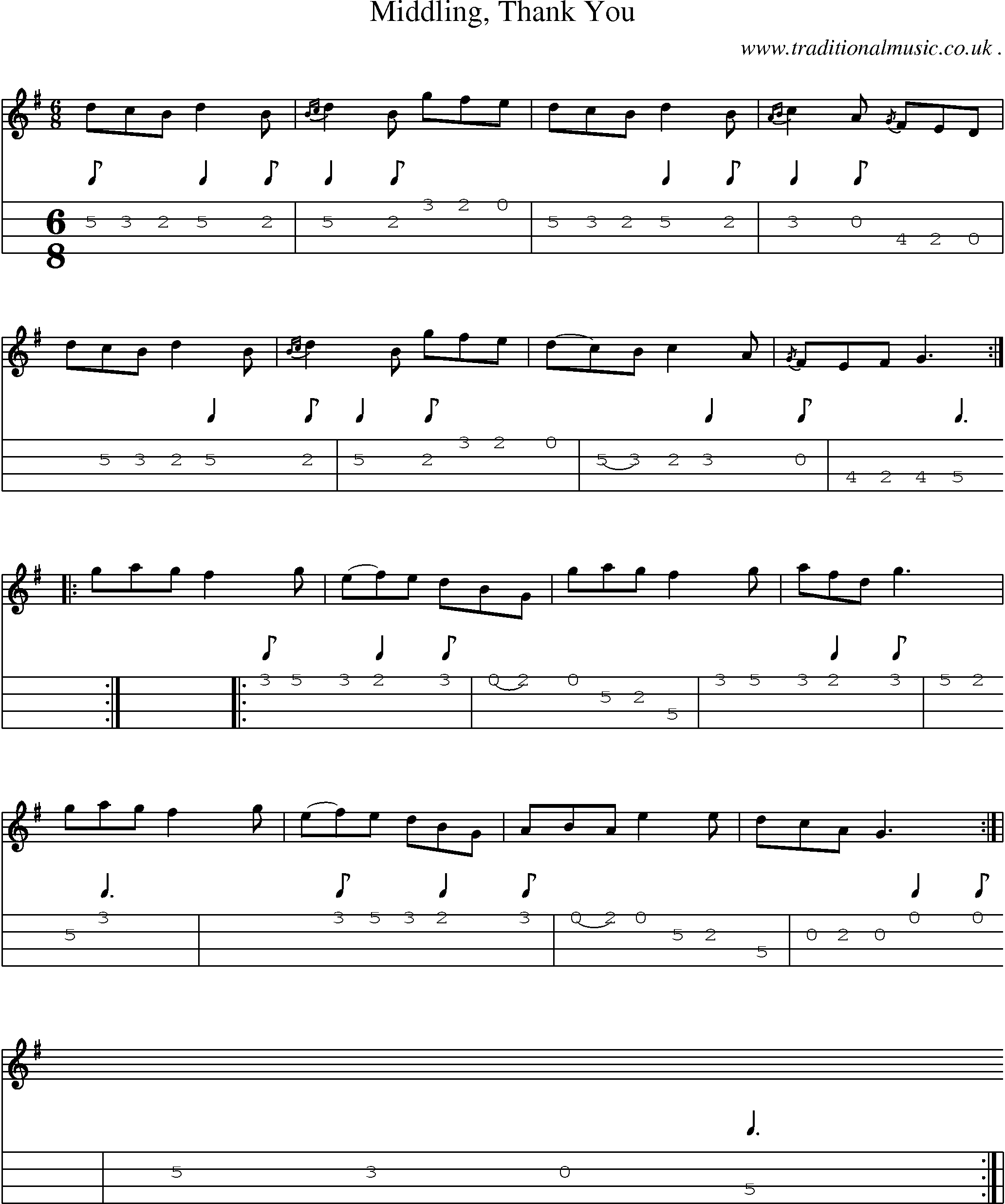 Sheet-music  score, Chords and Mandolin Tabs for Middling Thank You
