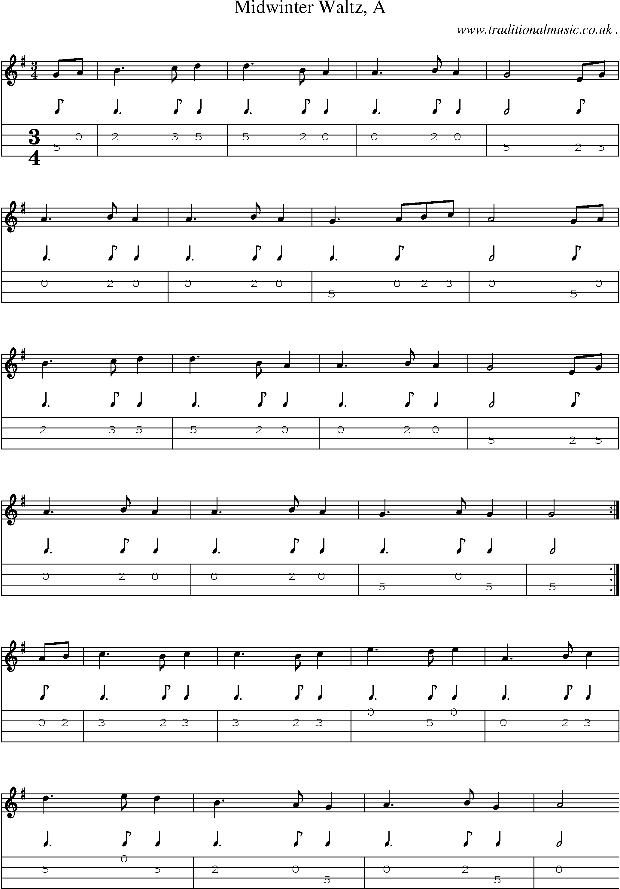Sheet-music  score, Chords and Mandolin Tabs for Midwinter Waltz A