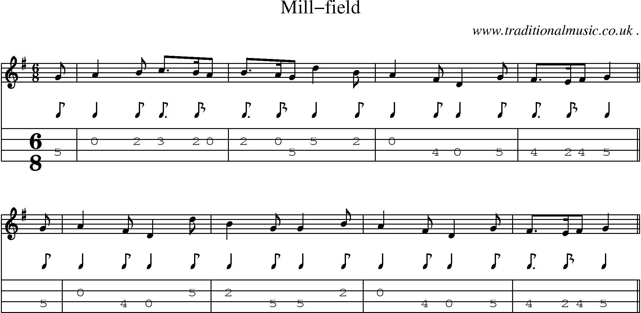 Sheet-music  score, Chords and Mandolin Tabs for Mill-field