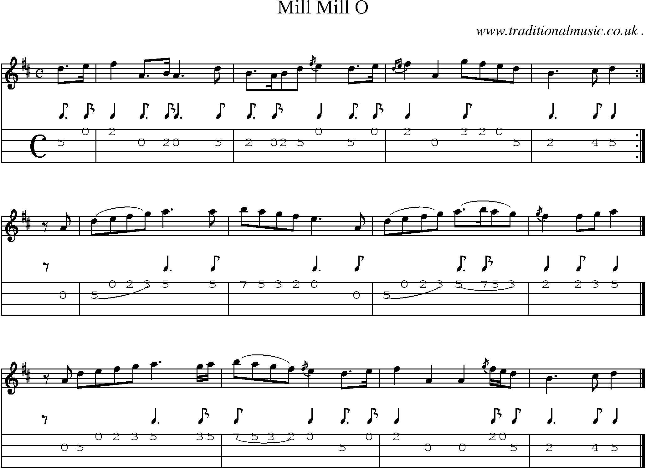 Sheet-music  score, Chords and Mandolin Tabs for Mill Mill O