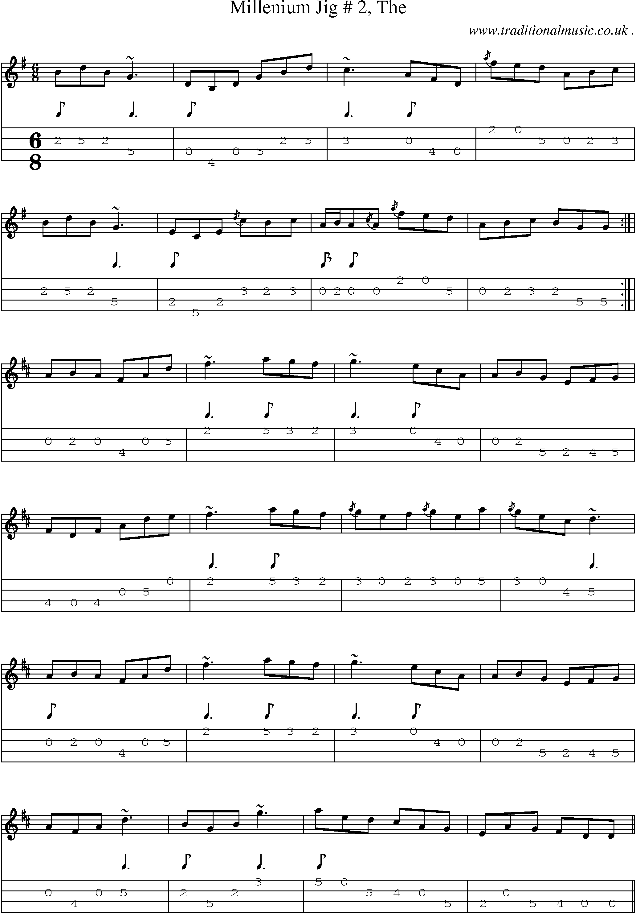 Sheet-music  score, Chords and Mandolin Tabs for Millenium Jig  2 The