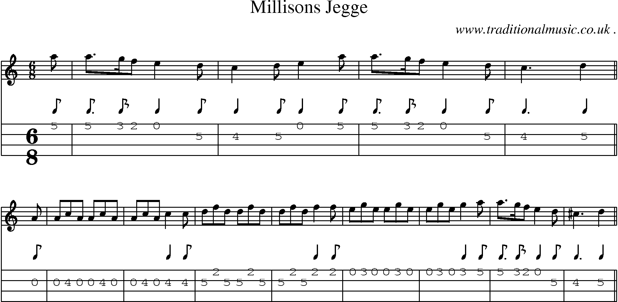 Sheet-music  score, Chords and Mandolin Tabs for Millisons Jegge