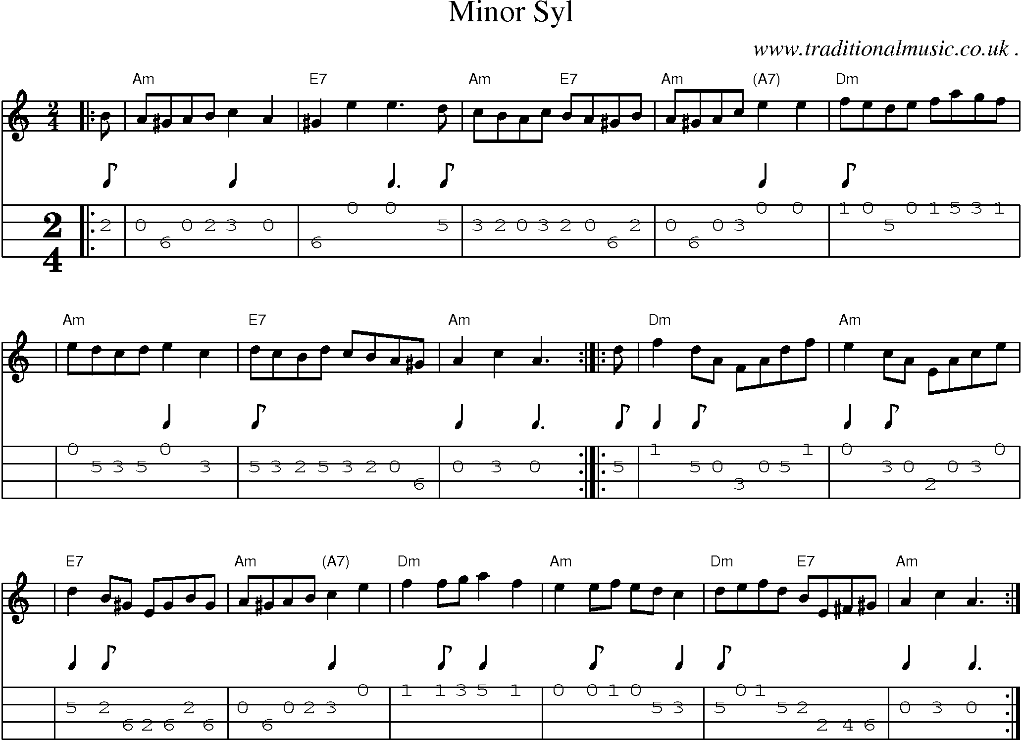 Sheet-music  score, Chords and Mandolin Tabs for Minor Syl