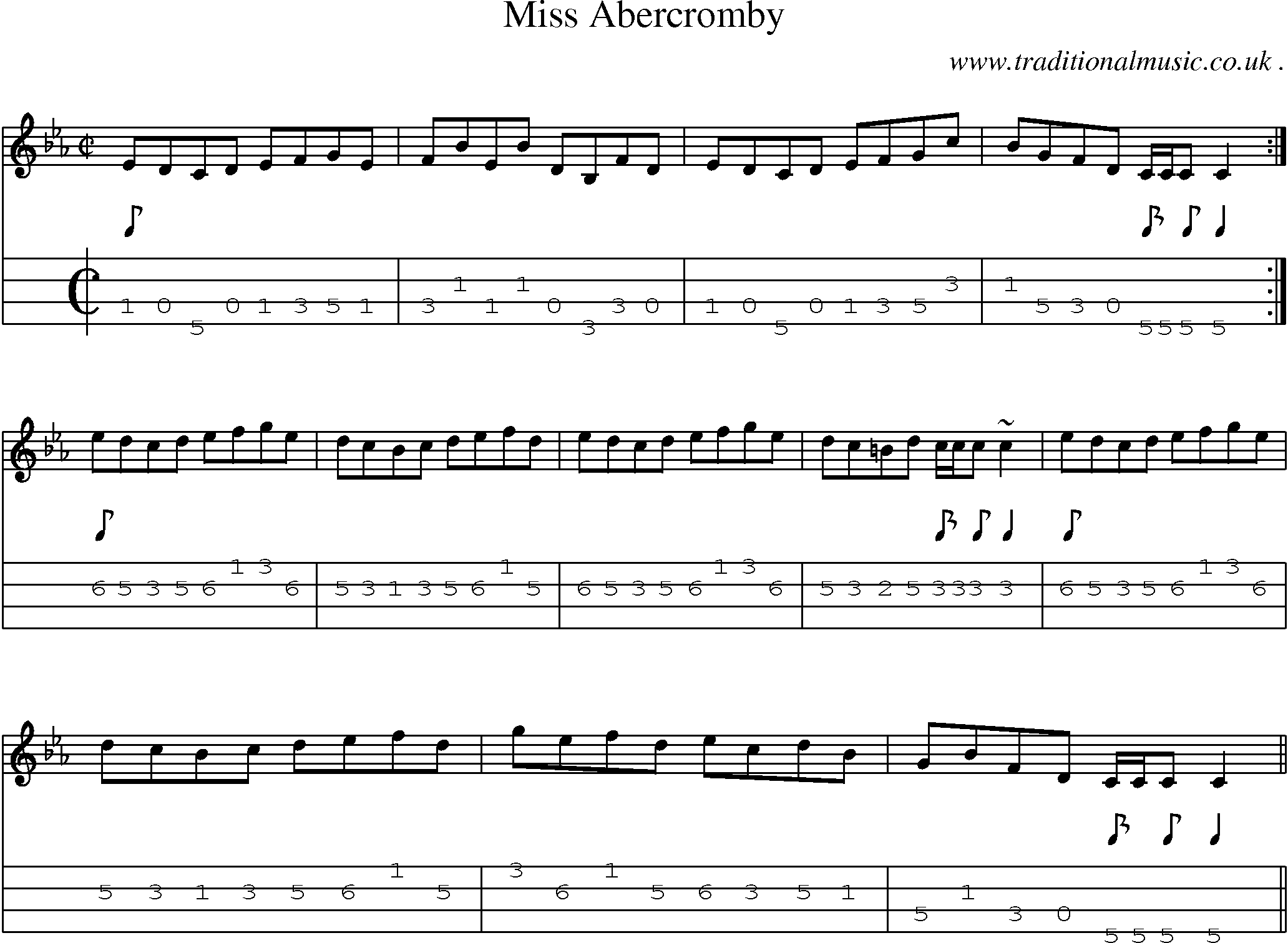 Sheet-music  score, Chords and Mandolin Tabs for Miss Abercromby