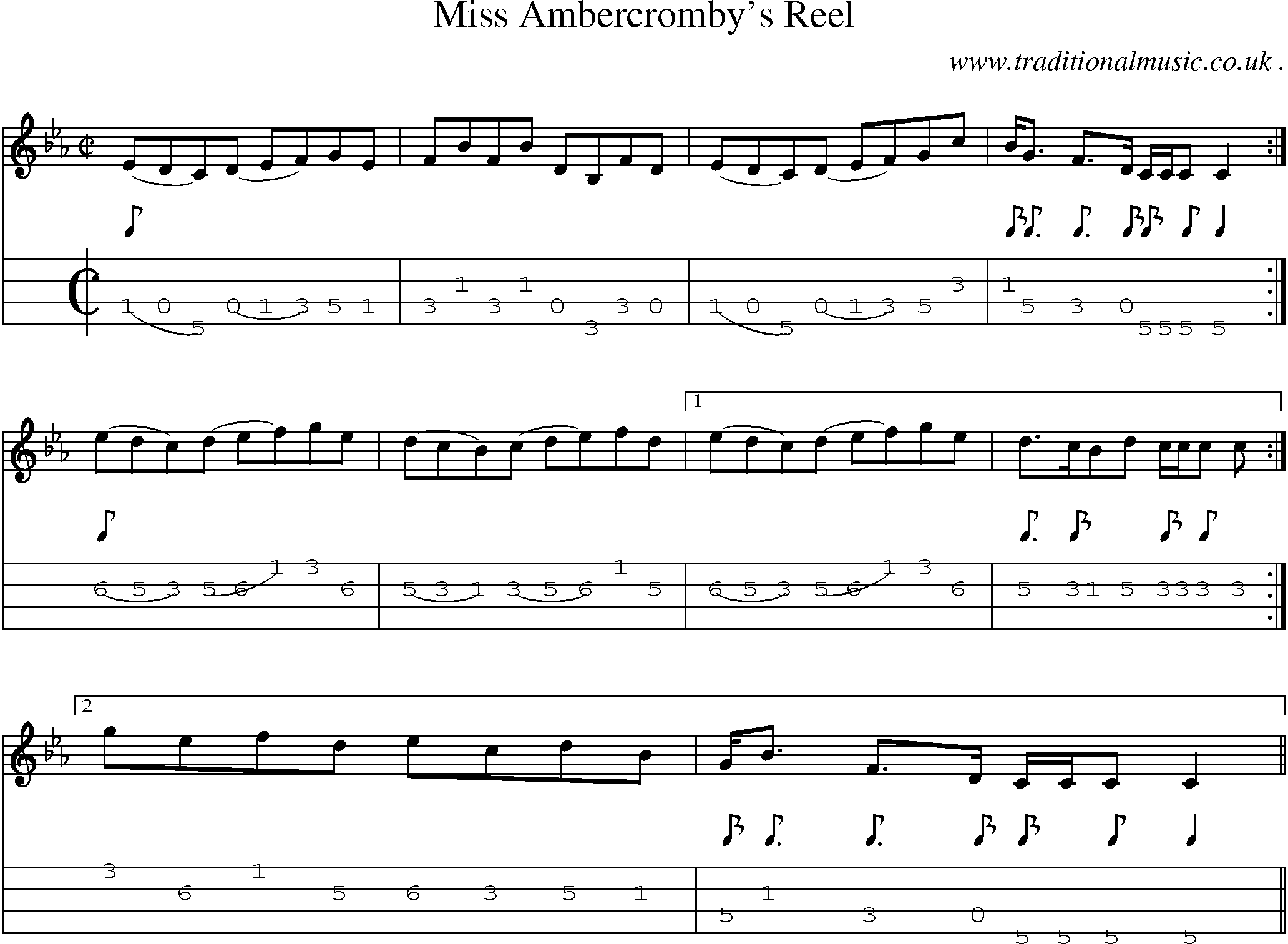 Sheet-music  score, Chords and Mandolin Tabs for Miss Ambercrombys Reel