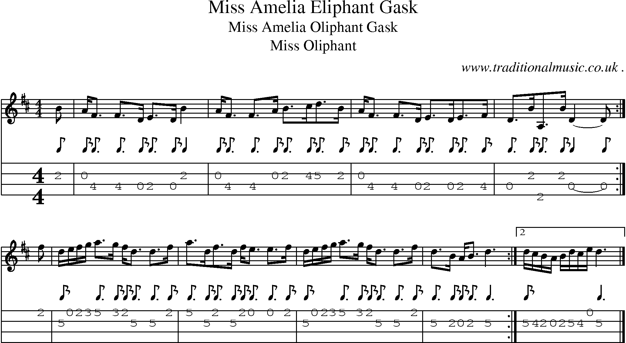 Sheet-music  score, Chords and Mandolin Tabs for Miss Amelia Eliphant Gask