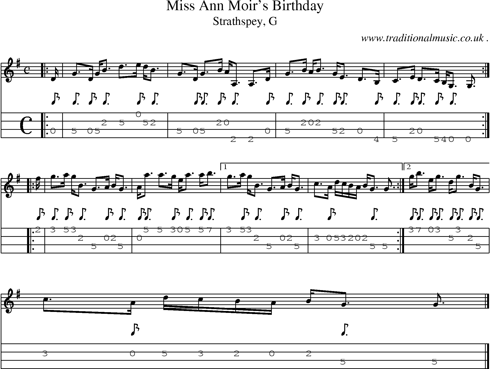 Sheet-music  score, Chords and Mandolin Tabs for Miss Ann Moirs Birthday