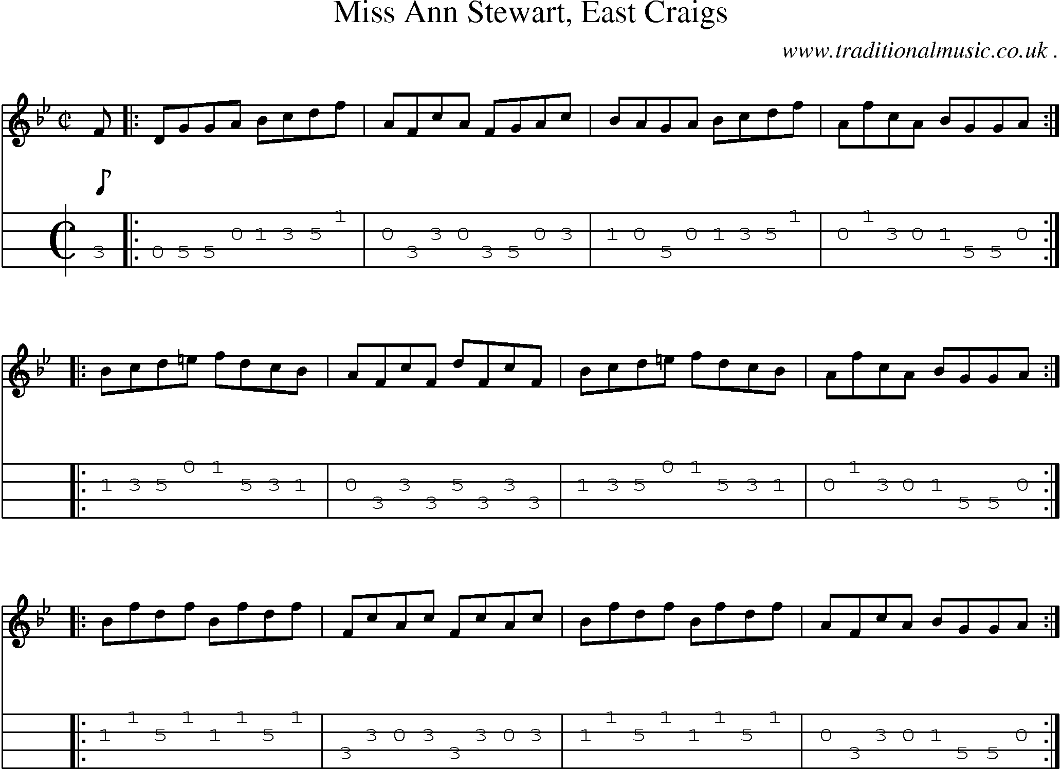Sheet-music  score, Chords and Mandolin Tabs for Miss Ann Stewart East Craigs
