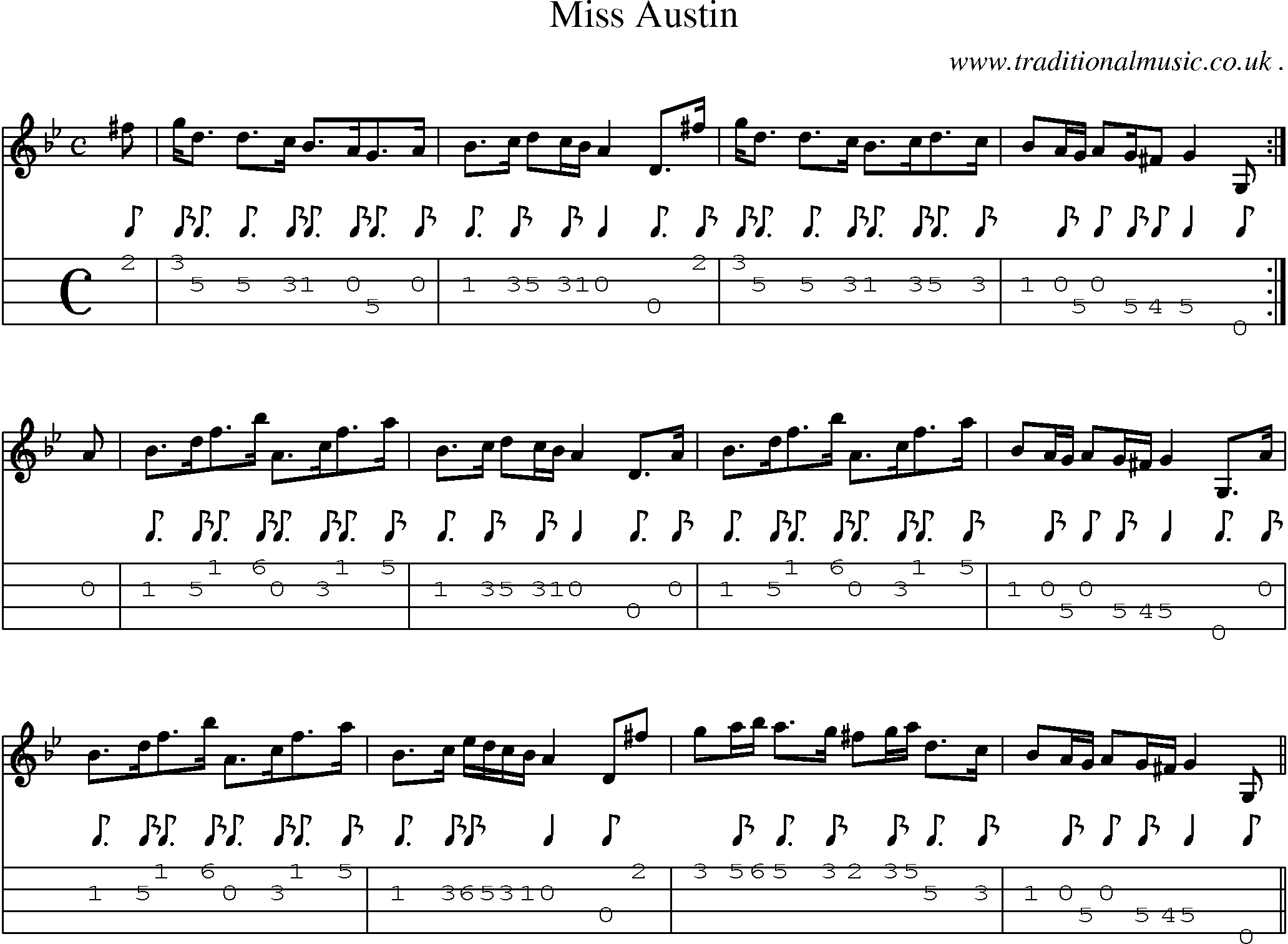Sheet-music  score, Chords and Mandolin Tabs for Miss Austin