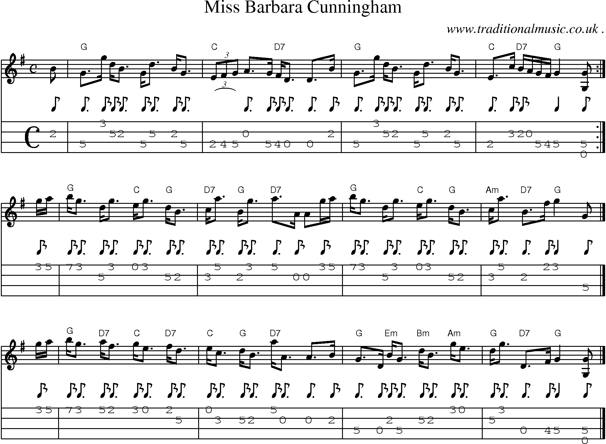 Sheet-music  score, Chords and Mandolin Tabs for Miss Barbara Cunningham