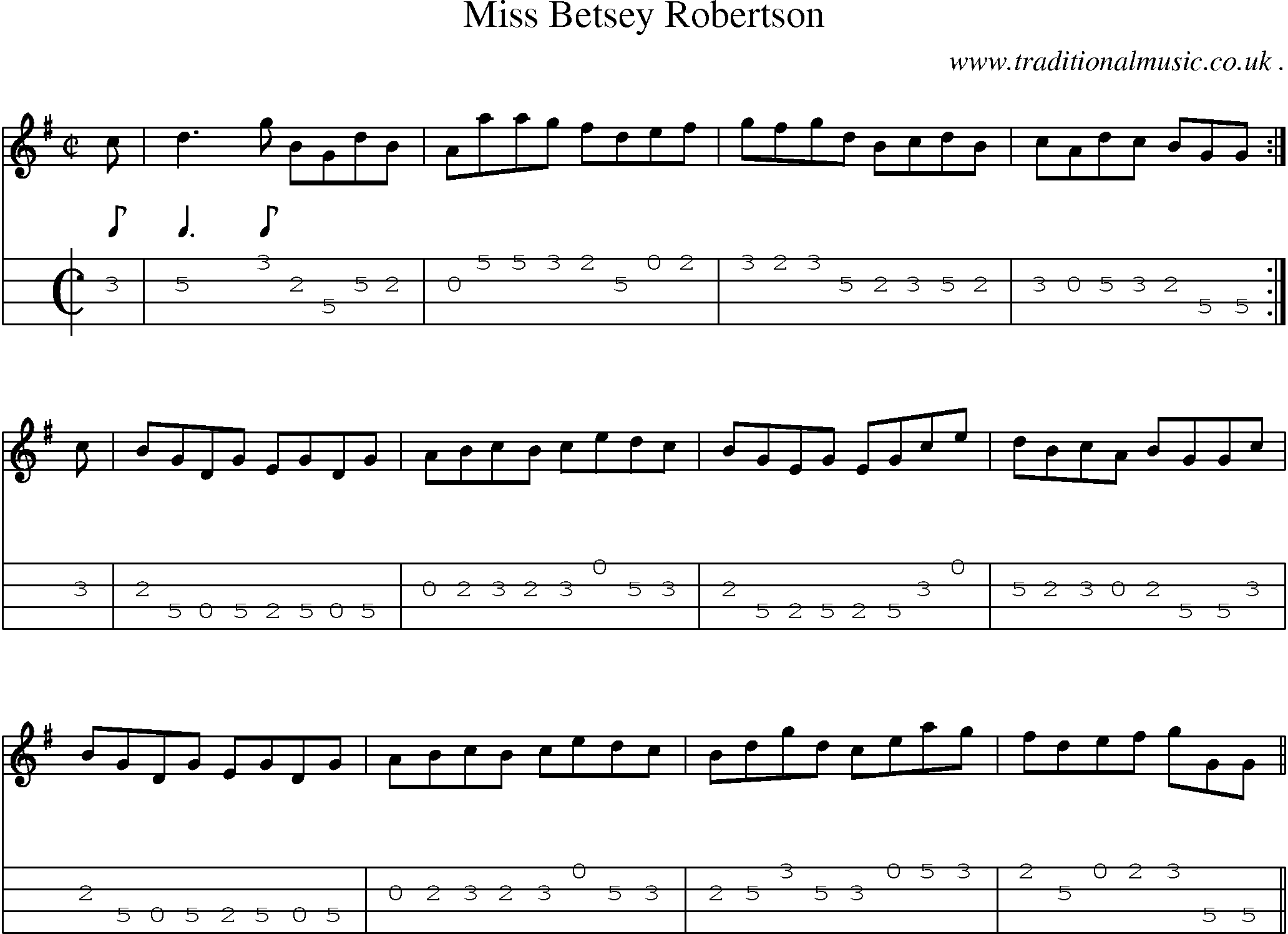 Sheet-music  score, Chords and Mandolin Tabs for Miss Betsey Robertson