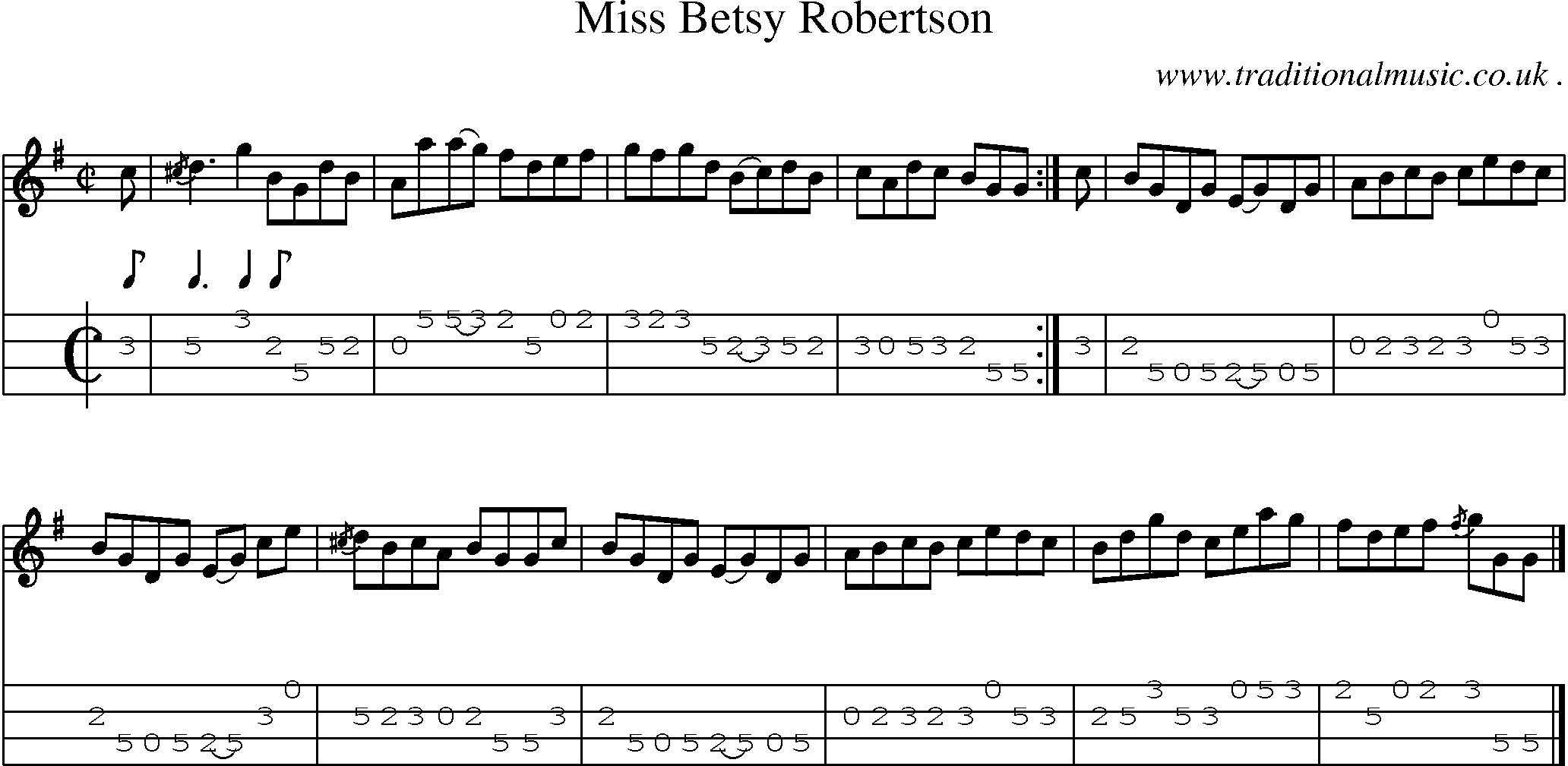 Sheet-music  score, Chords and Mandolin Tabs for Miss Betsy Robertson