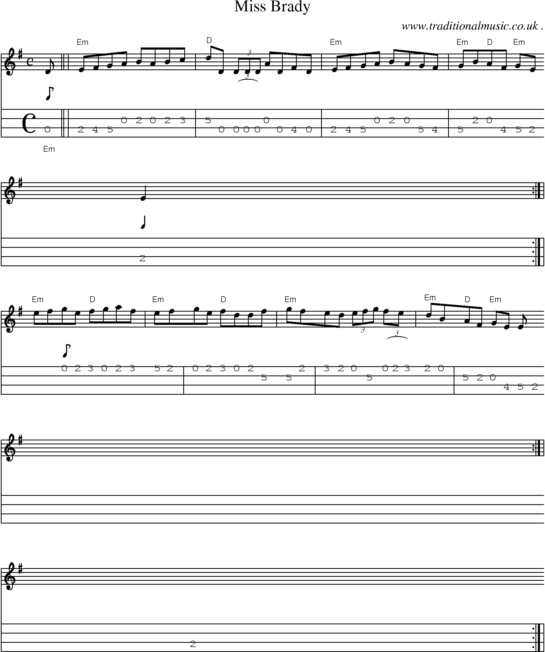 Sheet-music  score, Chords and Mandolin Tabs for Miss Brady
