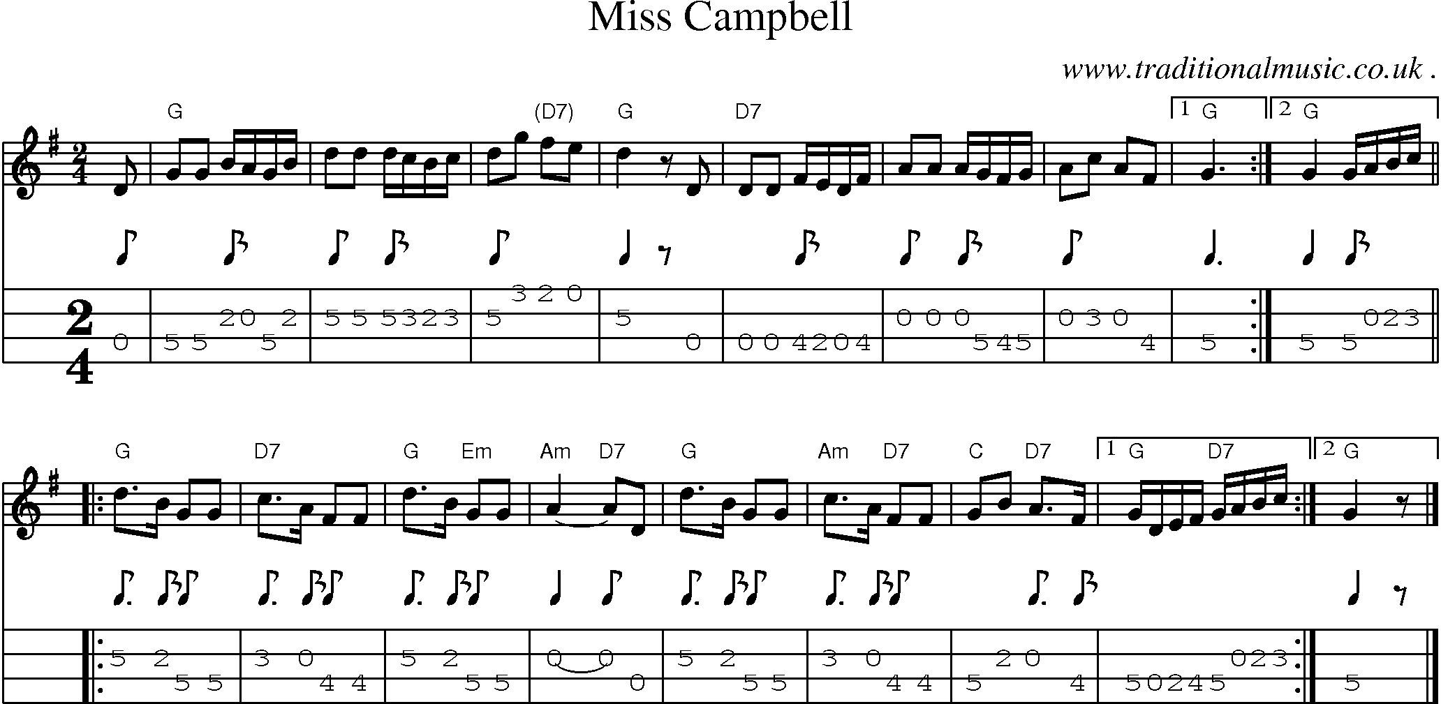 Sheet-music  score, Chords and Mandolin Tabs for Miss Campbell