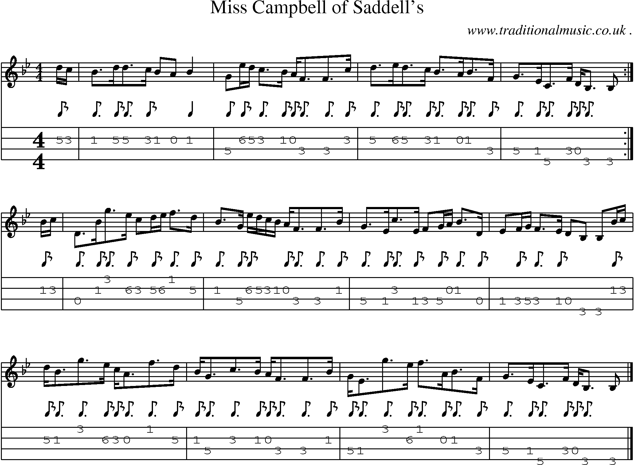 Sheet-music  score, Chords and Mandolin Tabs for Miss Campbell Of Saddells