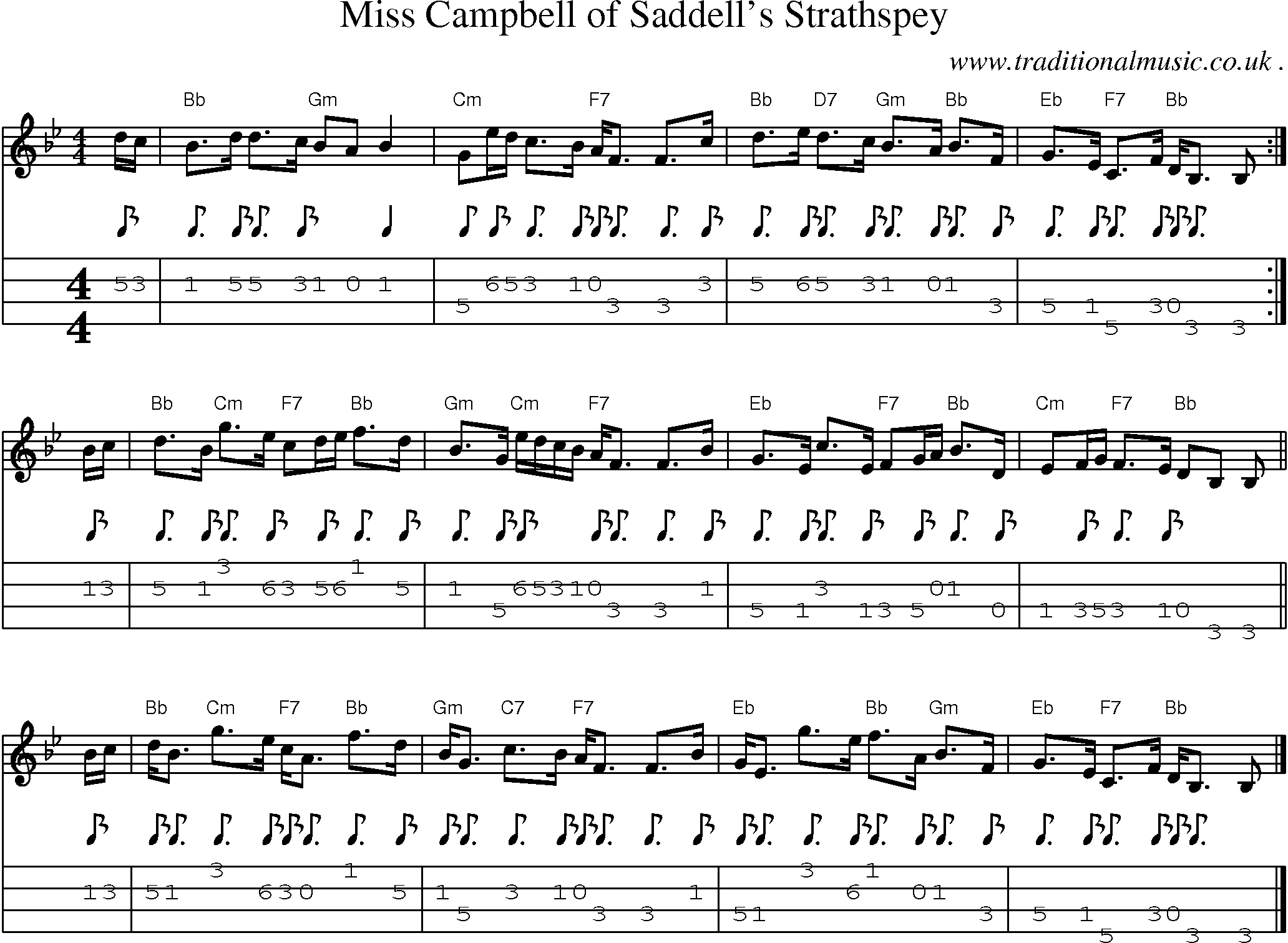 Sheet-music  score, Chords and Mandolin Tabs for Miss Campbell Of Saddells Strathspey