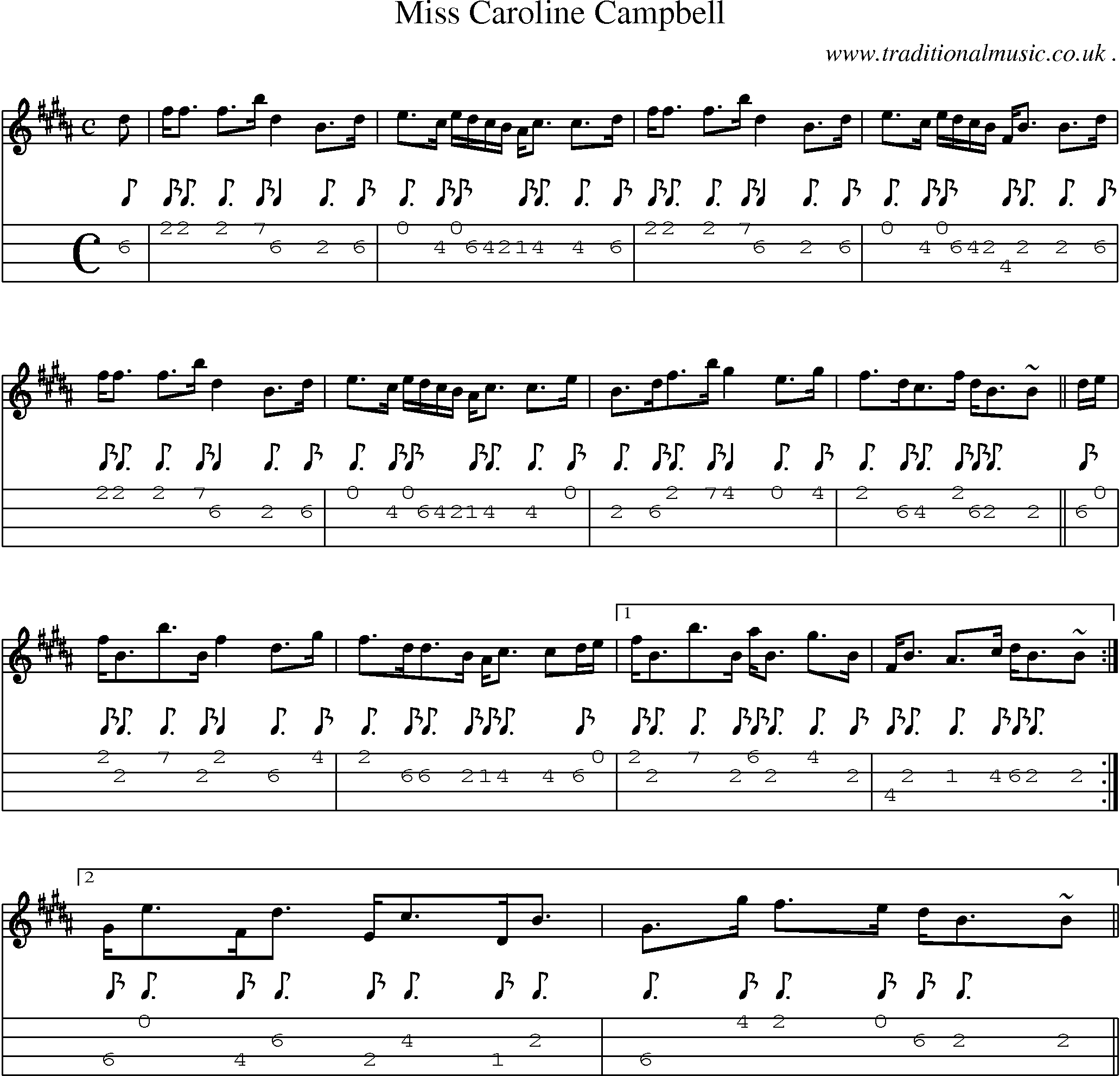 Sheet-music  score, Chords and Mandolin Tabs for Miss Caroline Campbell