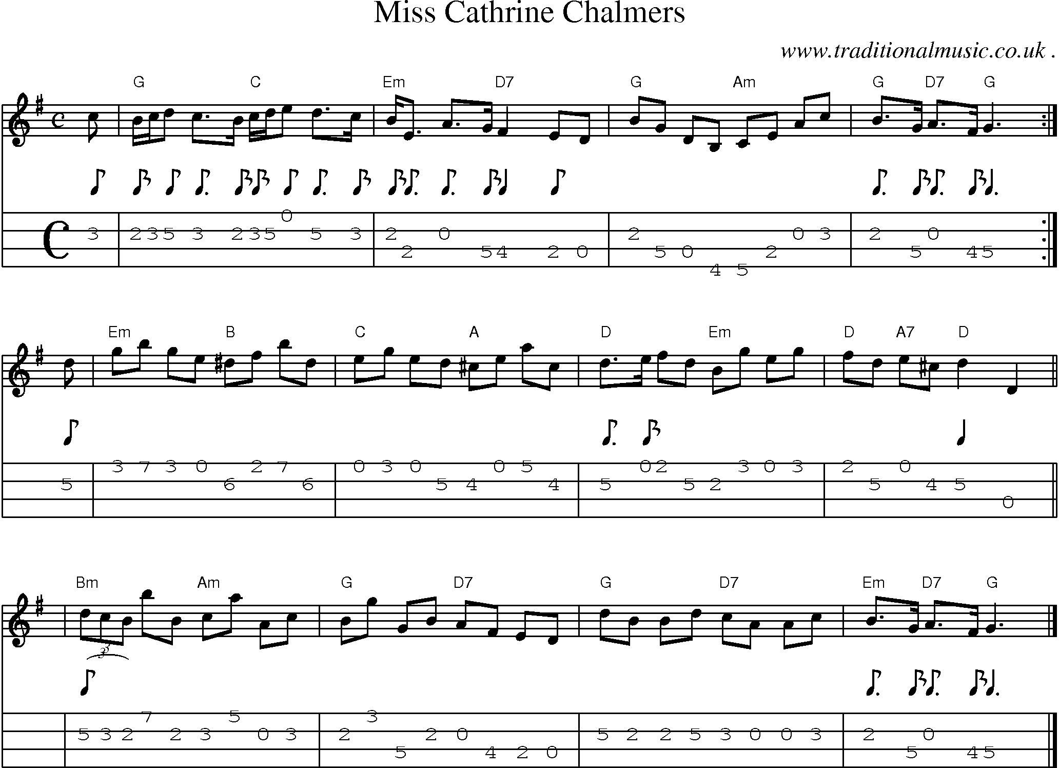 Sheet-music  score, Chords and Mandolin Tabs for Miss Cathrine Chalmers