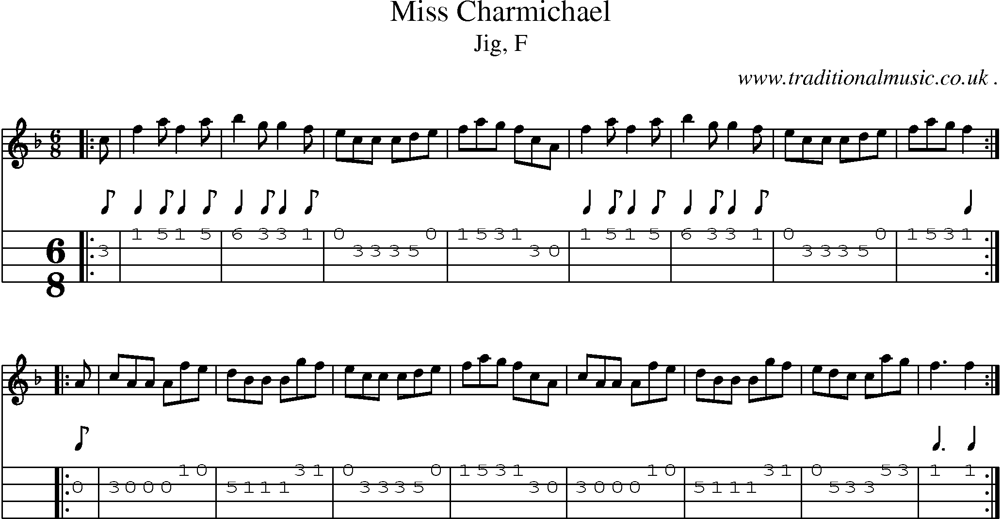 Sheet-music  score, Chords and Mandolin Tabs for Miss Charmichael
