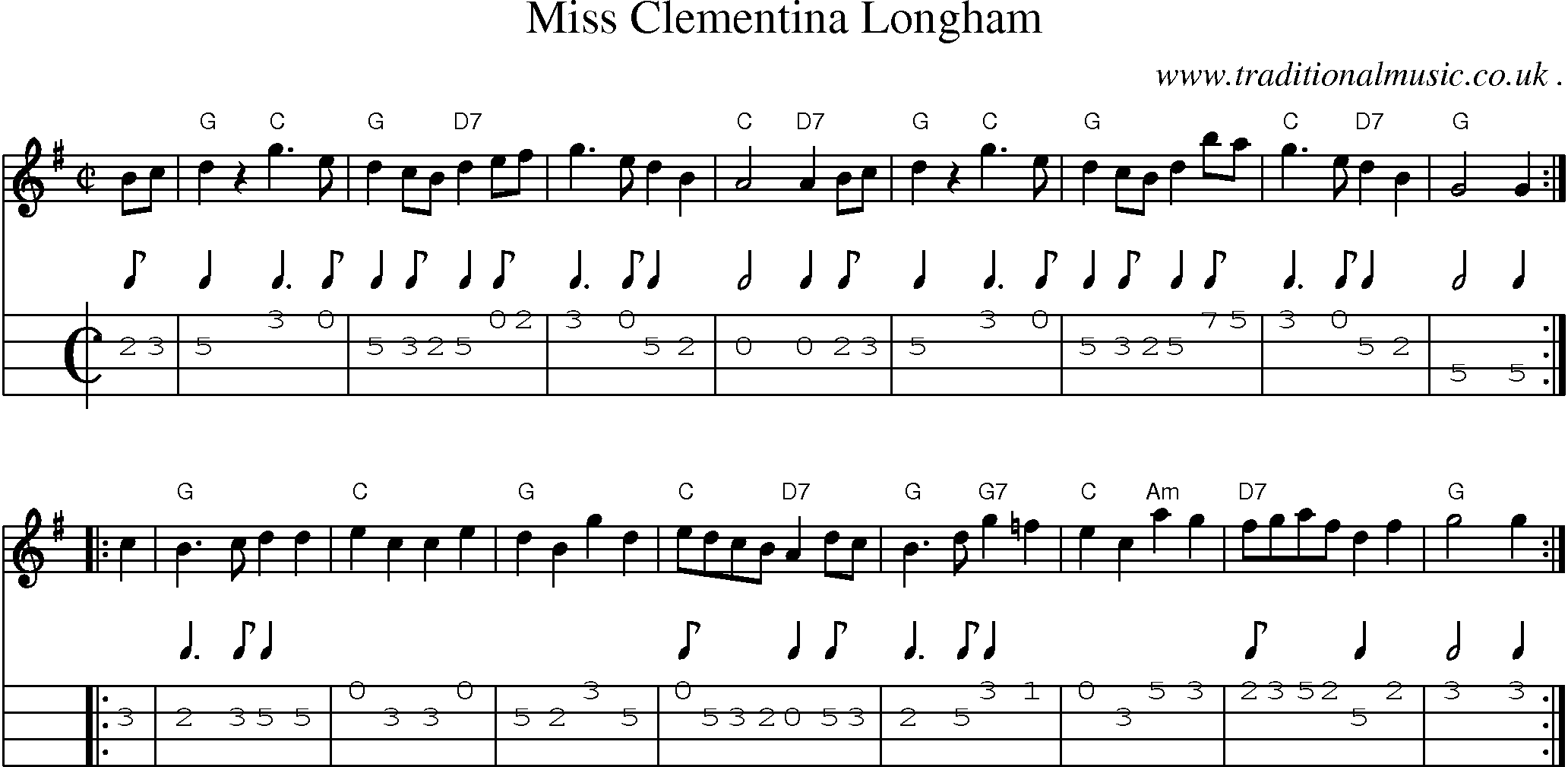 Sheet-music  score, Chords and Mandolin Tabs for Miss Clementina Longham