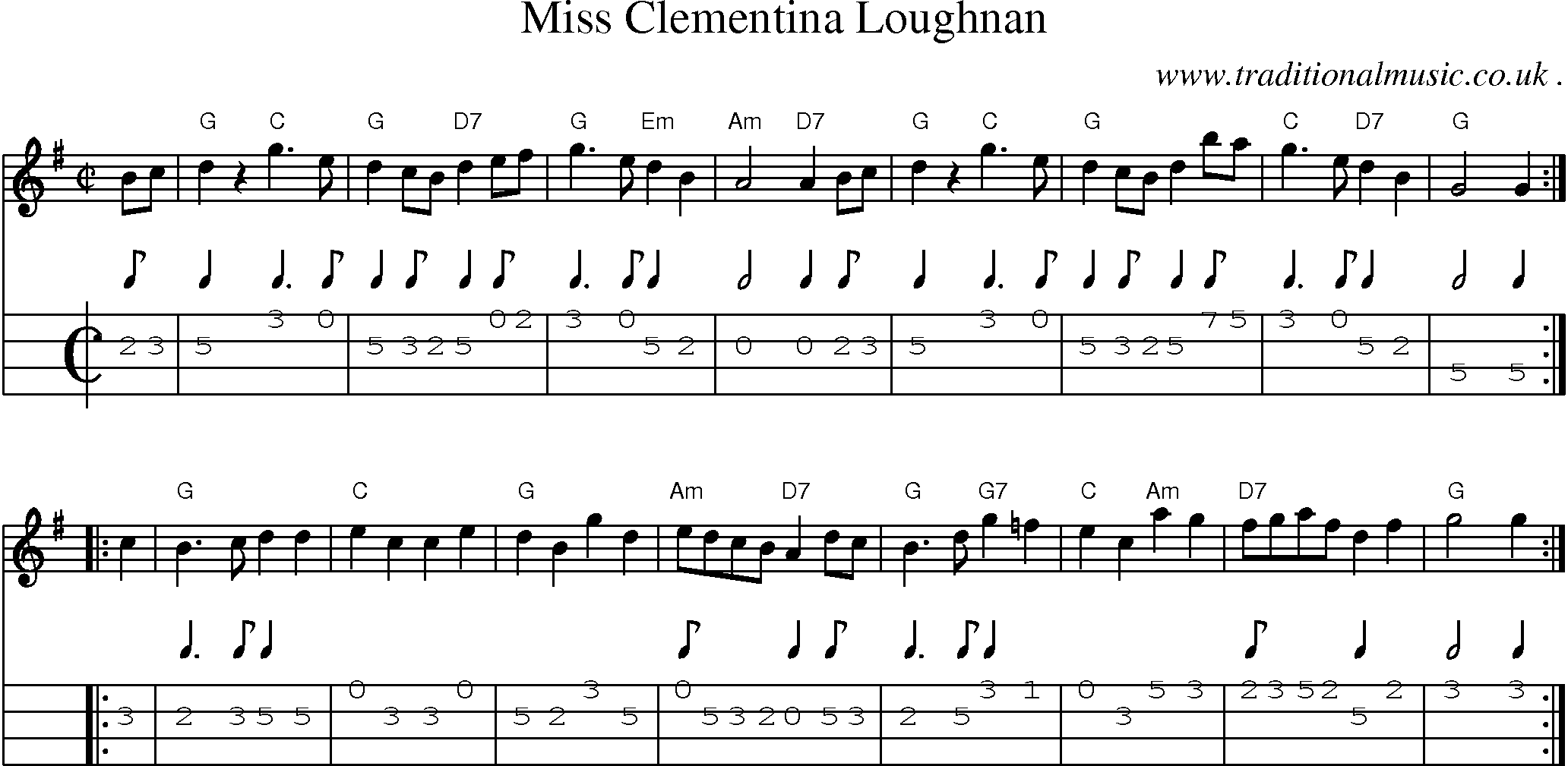 Sheet-music  score, Chords and Mandolin Tabs for Miss Clementina Loughnan