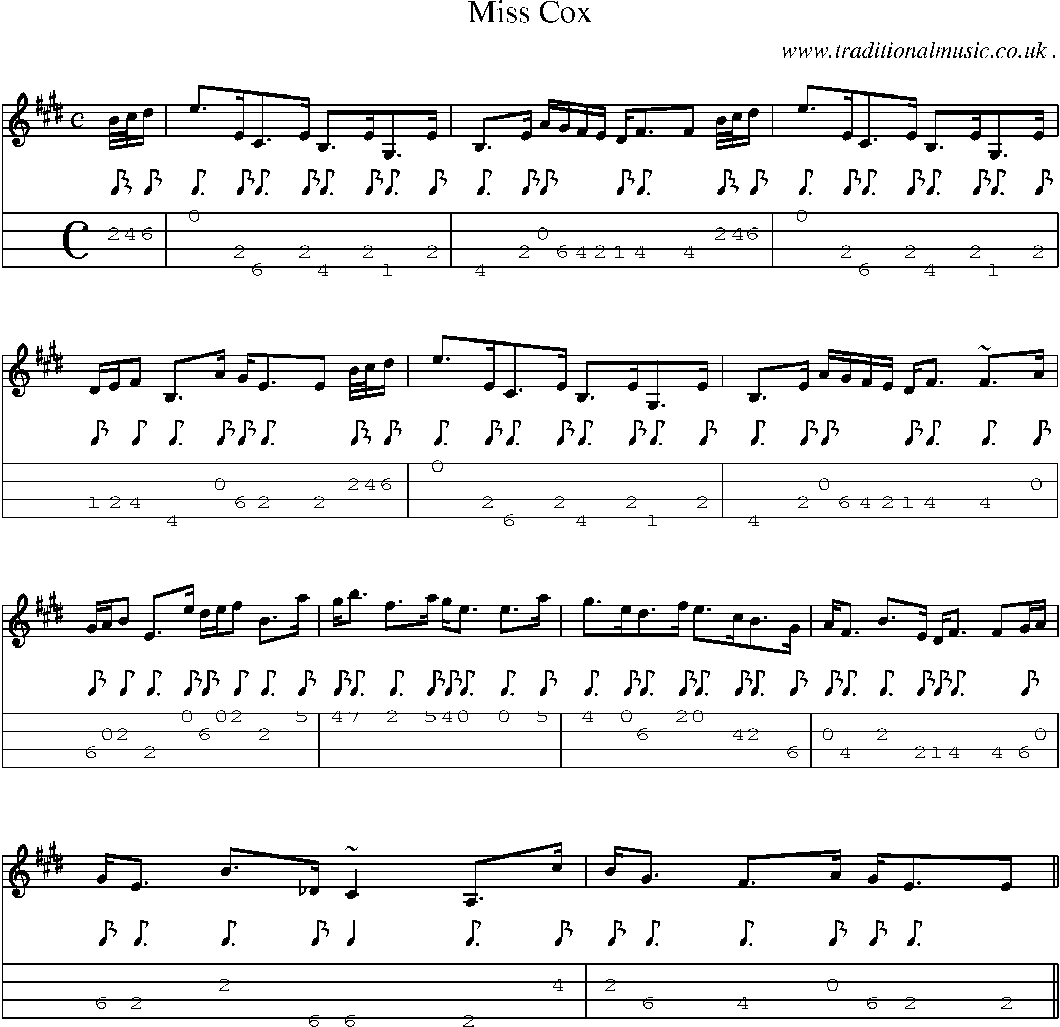 Sheet-music  score, Chords and Mandolin Tabs for Miss Cox