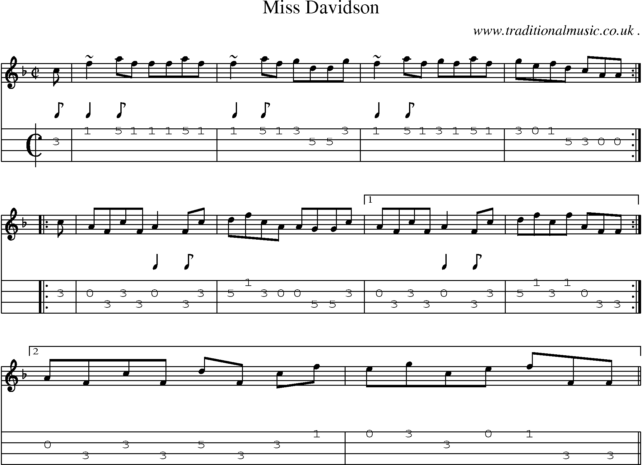 Sheet-music  score, Chords and Mandolin Tabs for Miss Davidson