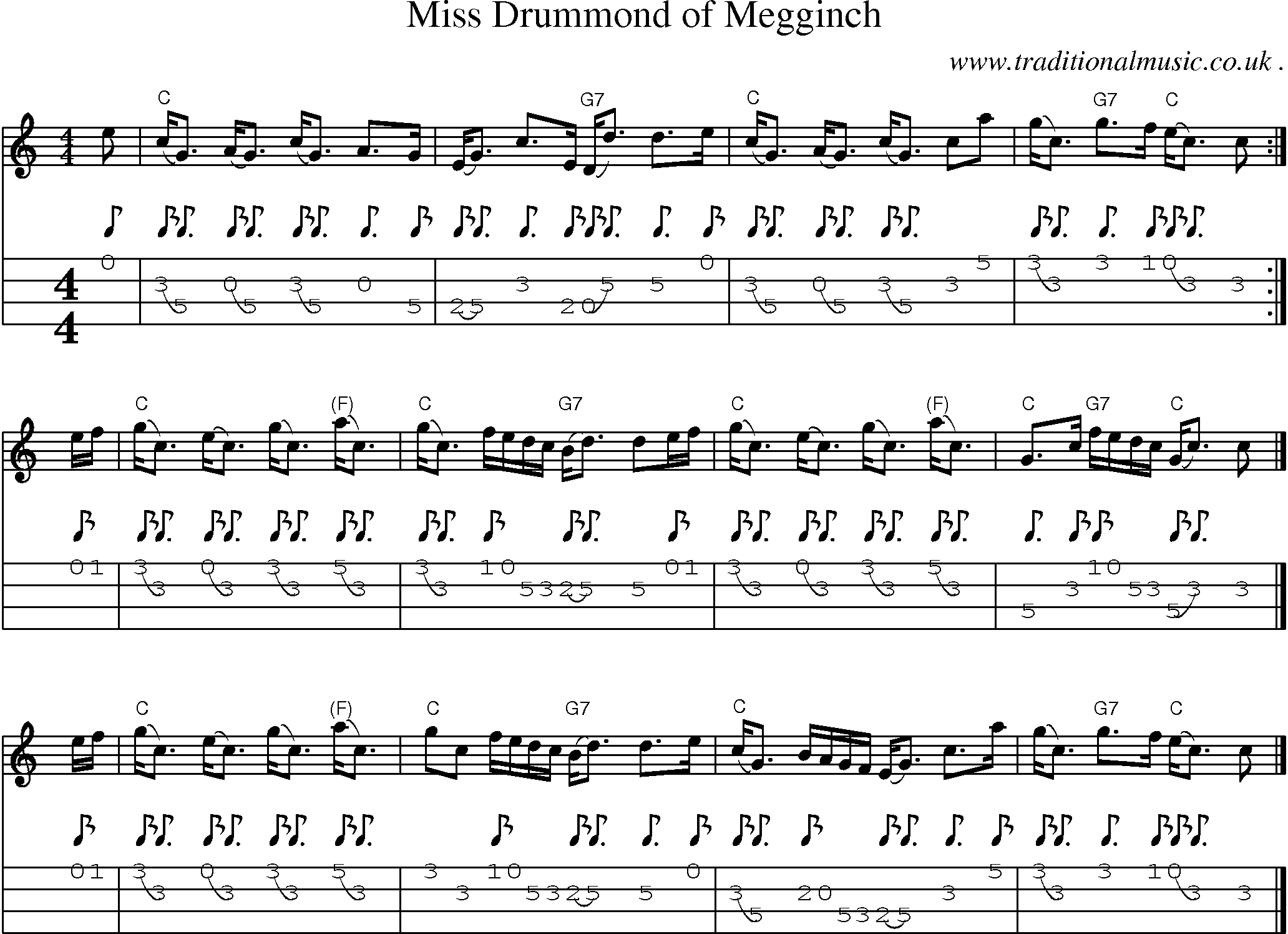 Sheet-music  score, Chords and Mandolin Tabs for Miss Drummond Of Megginch