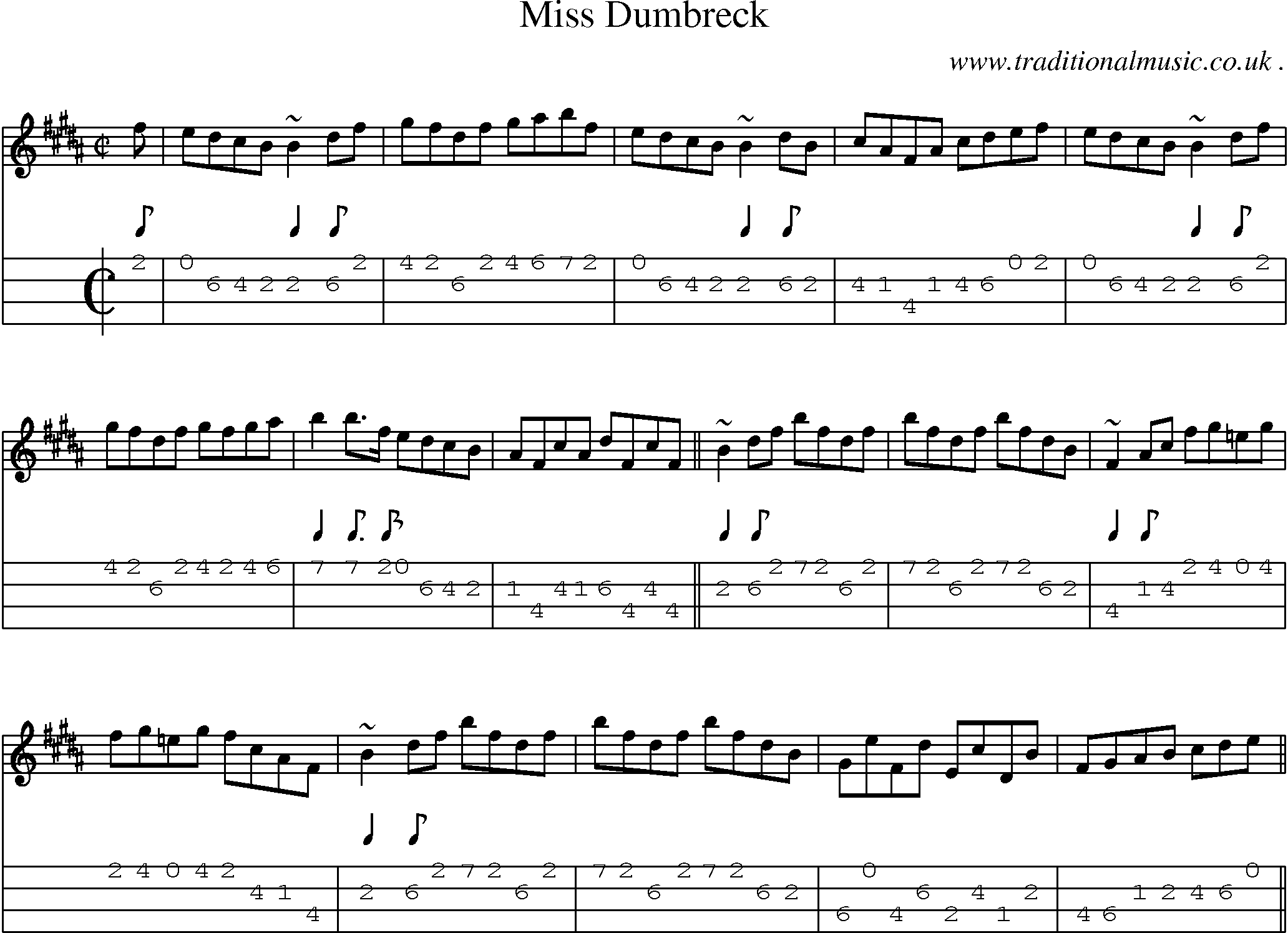 Sheet-music  score, Chords and Mandolin Tabs for Miss Dumbreck