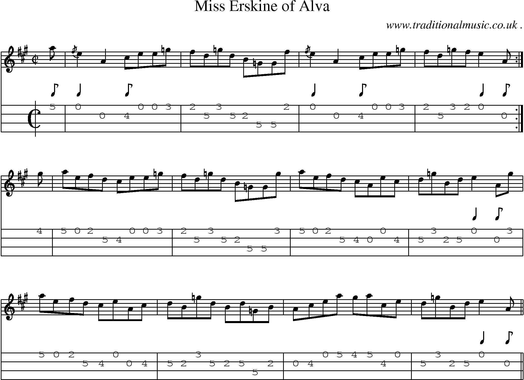 Sheet-music  score, Chords and Mandolin Tabs for Miss Erskine Of Alva