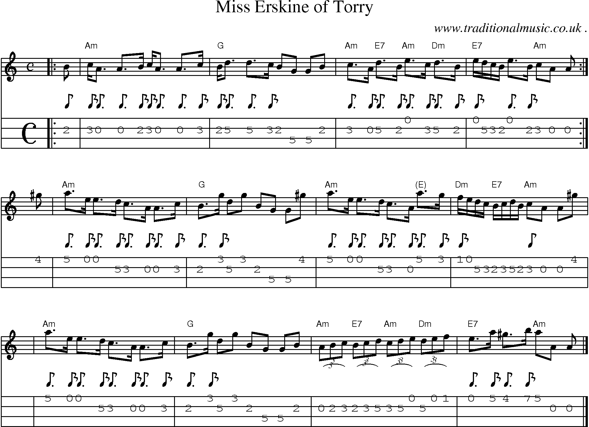 Sheet-music  score, Chords and Mandolin Tabs for Miss Erskine Of Torry