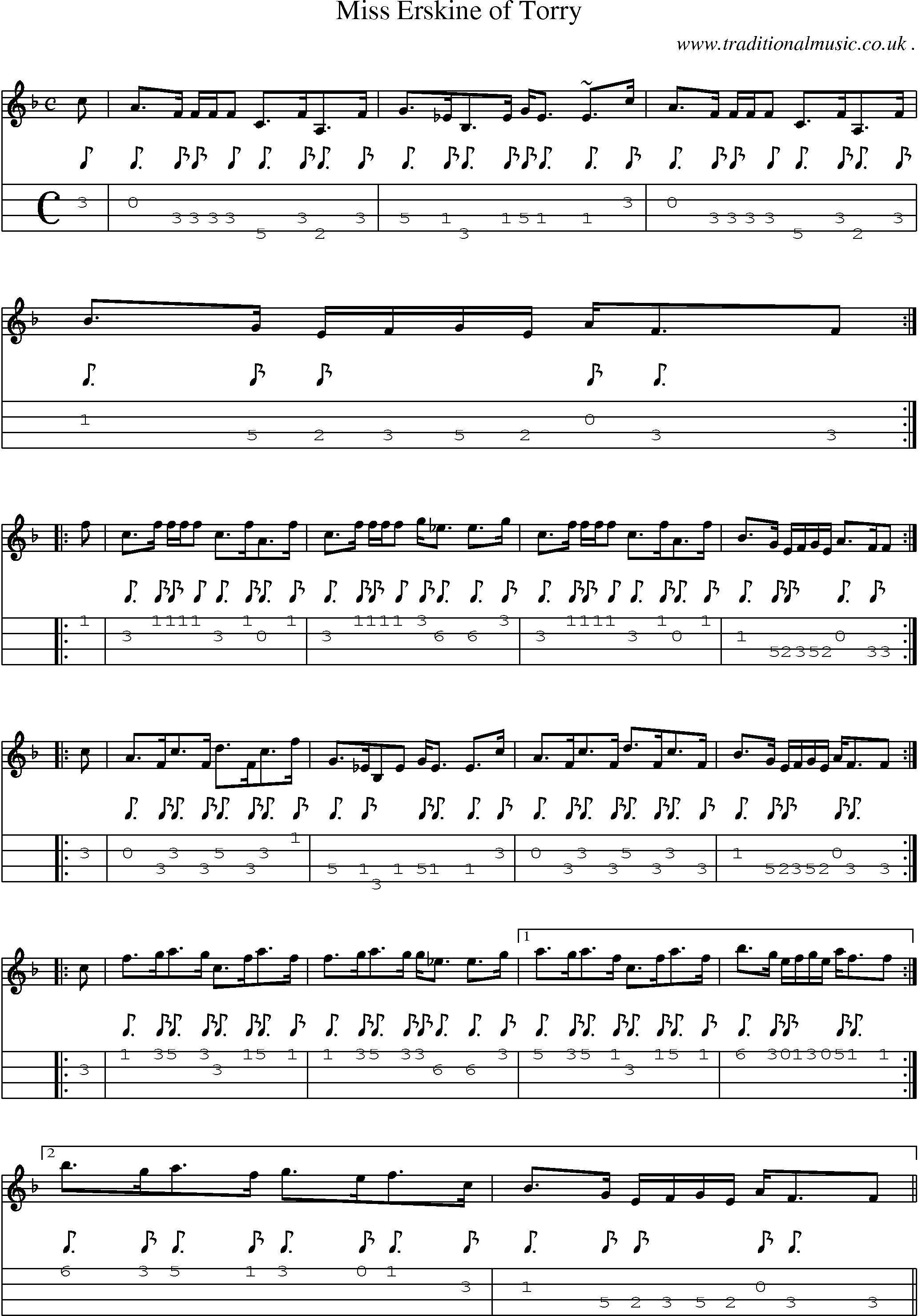 Sheet-music  score, Chords and Mandolin Tabs for Miss Erskine Of Torry 