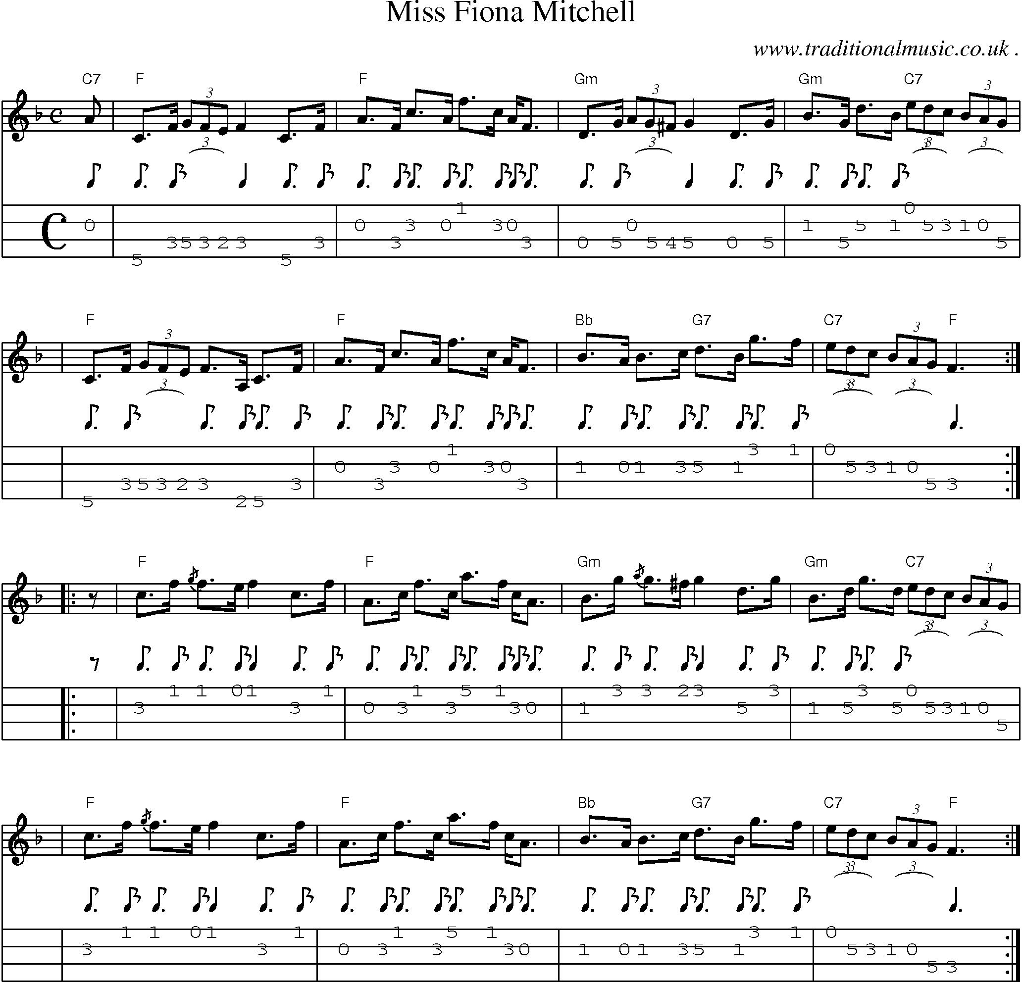 Sheet-music  score, Chords and Mandolin Tabs for Miss Fiona Mitchell