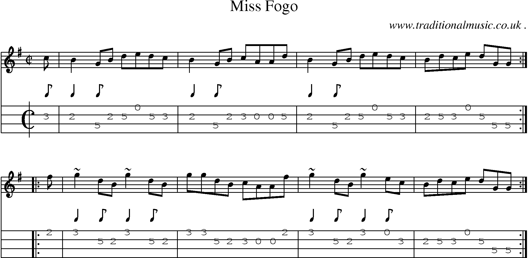 Sheet-music  score, Chords and Mandolin Tabs for Miss Fogo