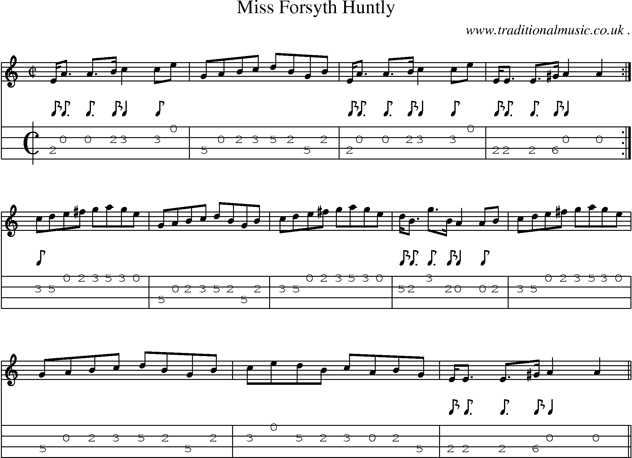 Sheet-music  score, Chords and Mandolin Tabs for Miss Forsyth Huntly