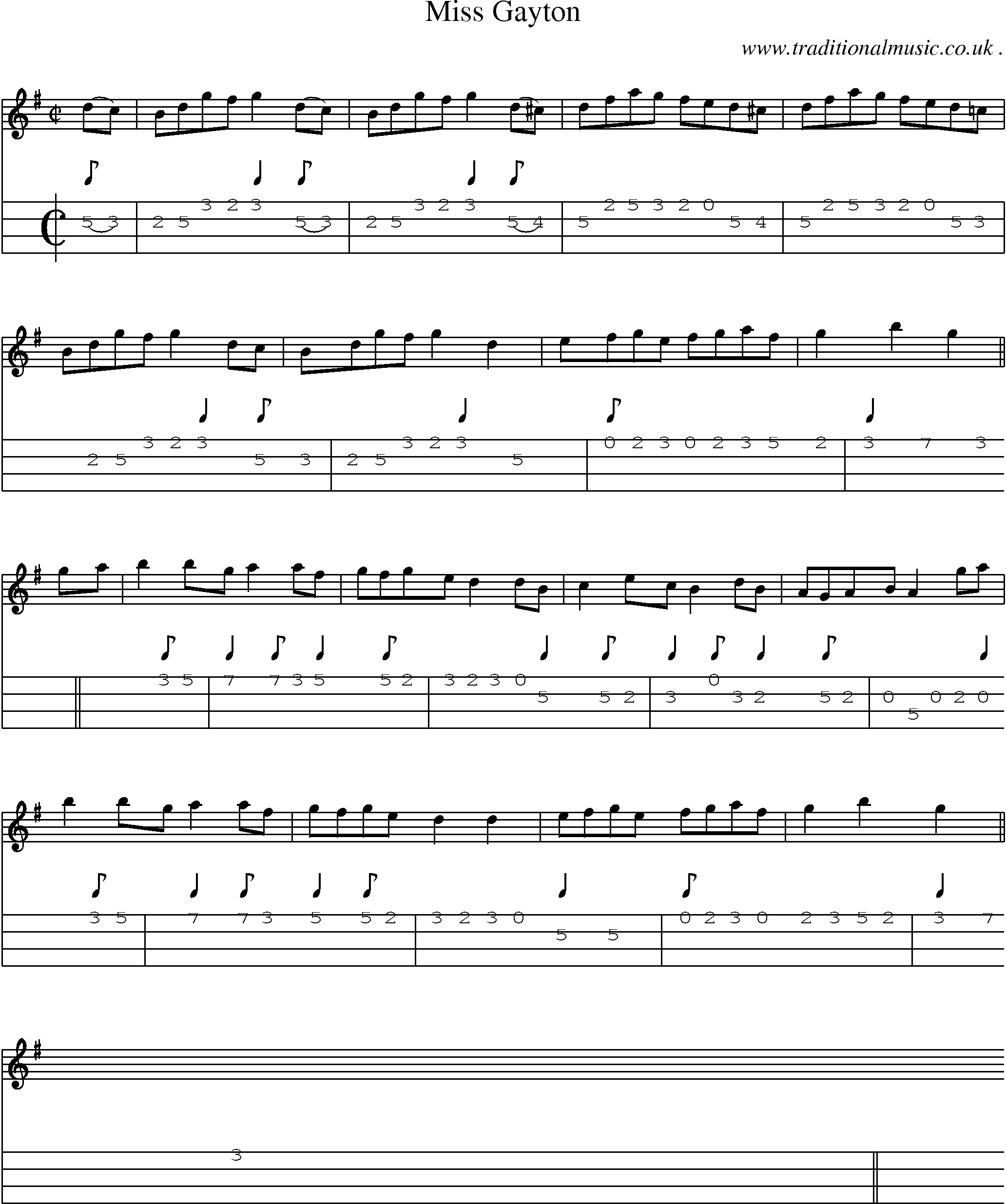 Sheet-music  score, Chords and Mandolin Tabs for Miss Gayton