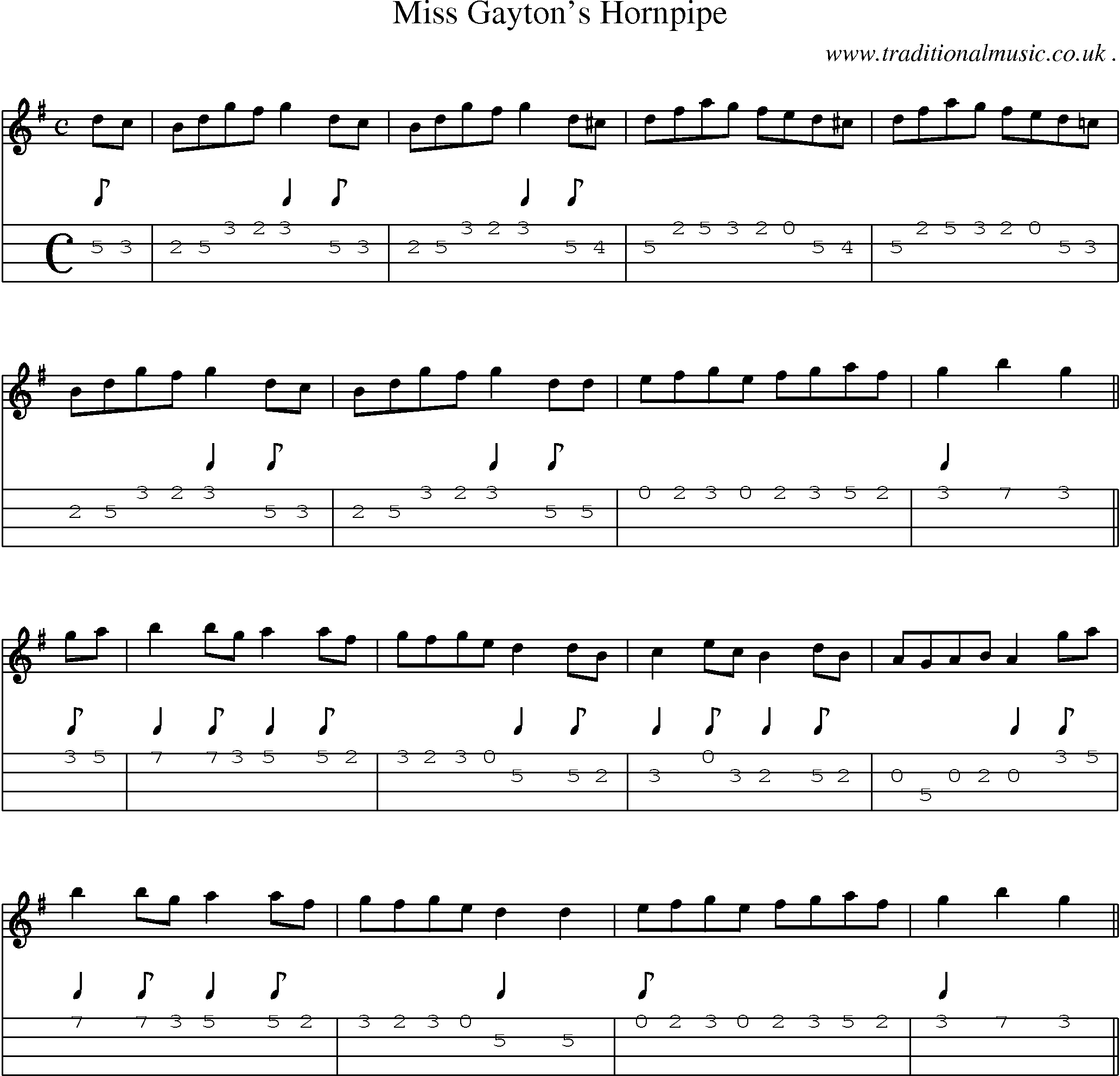 Sheet-music  score, Chords and Mandolin Tabs for Miss Gaytons Hornpipe