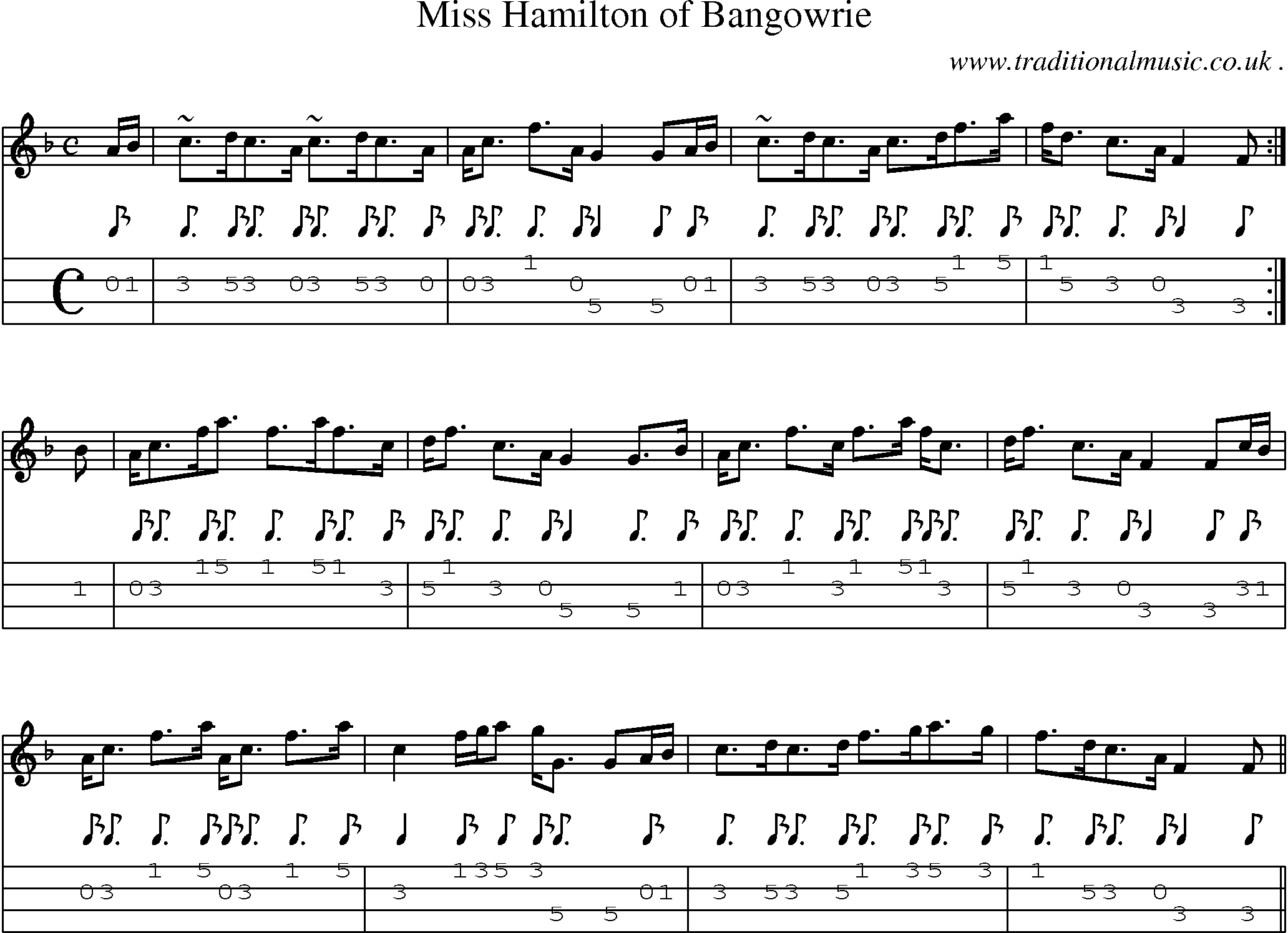 Sheet-music  score, Chords and Mandolin Tabs for Miss Hamilton Of Bangowrie
