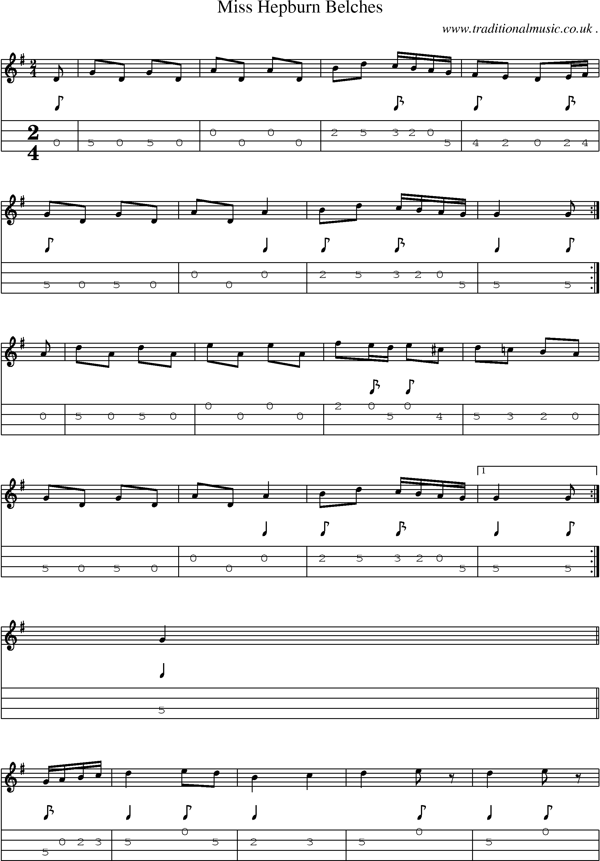 Sheet-music  score, Chords and Mandolin Tabs for Miss Hepburn Belches