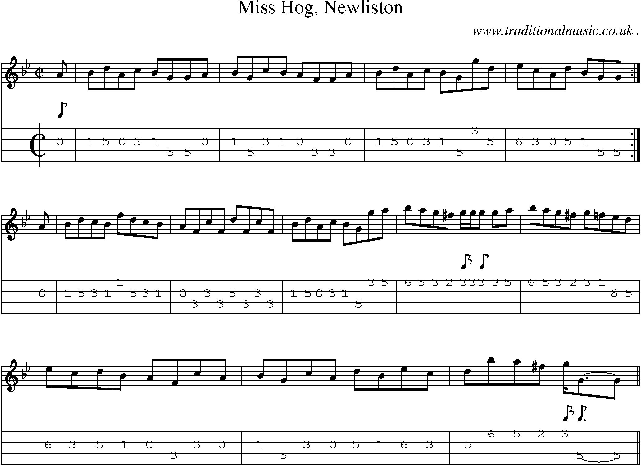 Sheet-music  score, Chords and Mandolin Tabs for Miss Hog Newliston