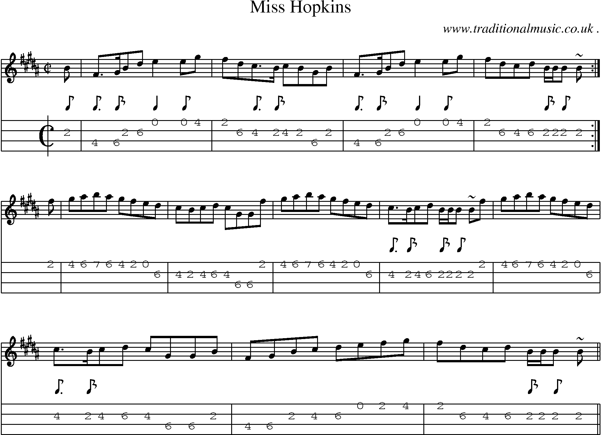 Sheet-music  score, Chords and Mandolin Tabs for Miss Hopkins