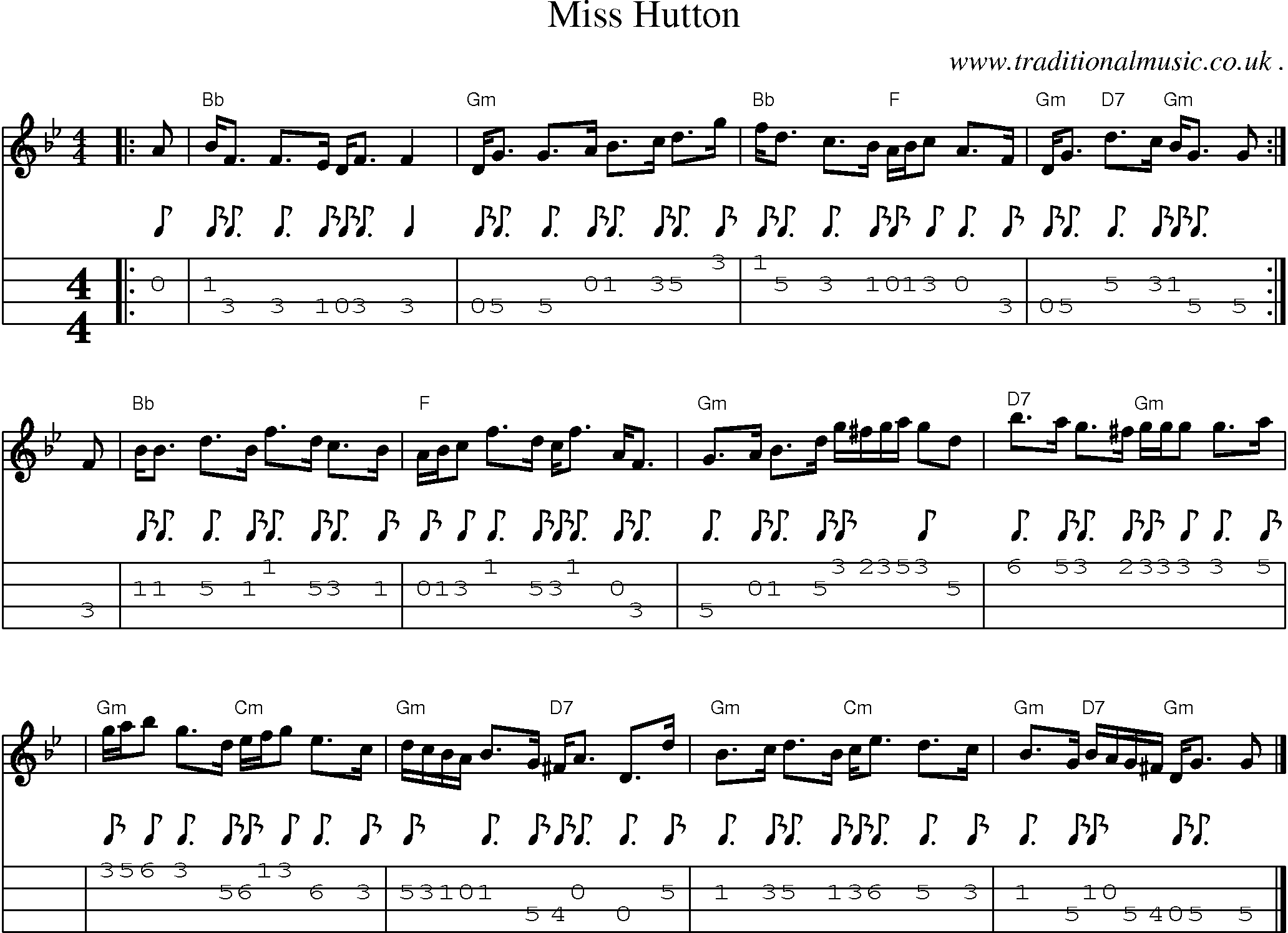 Sheet-music  score, Chords and Mandolin Tabs for Miss Hutton