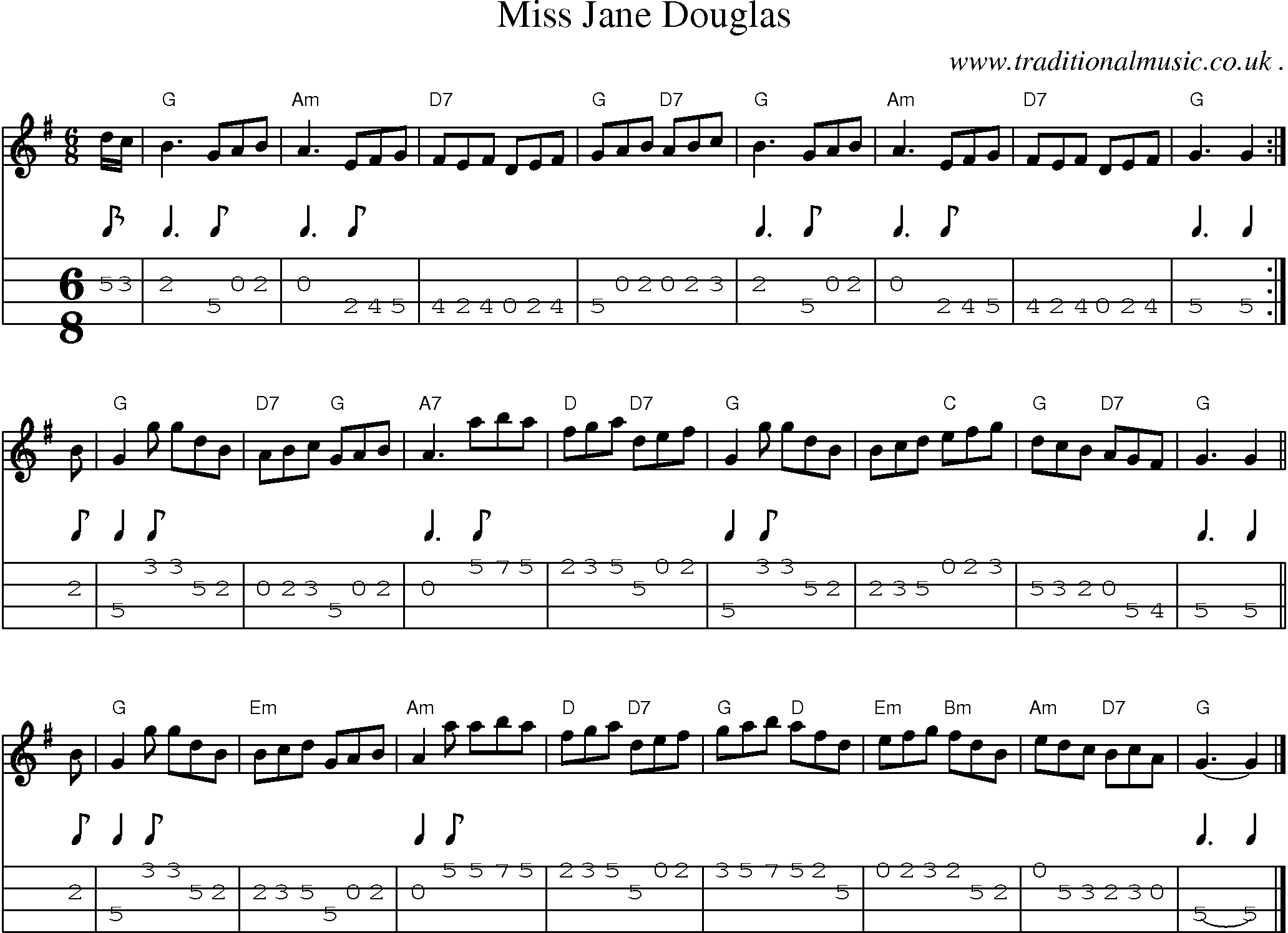 Sheet-music  score, Chords and Mandolin Tabs for Miss Jane Douglas