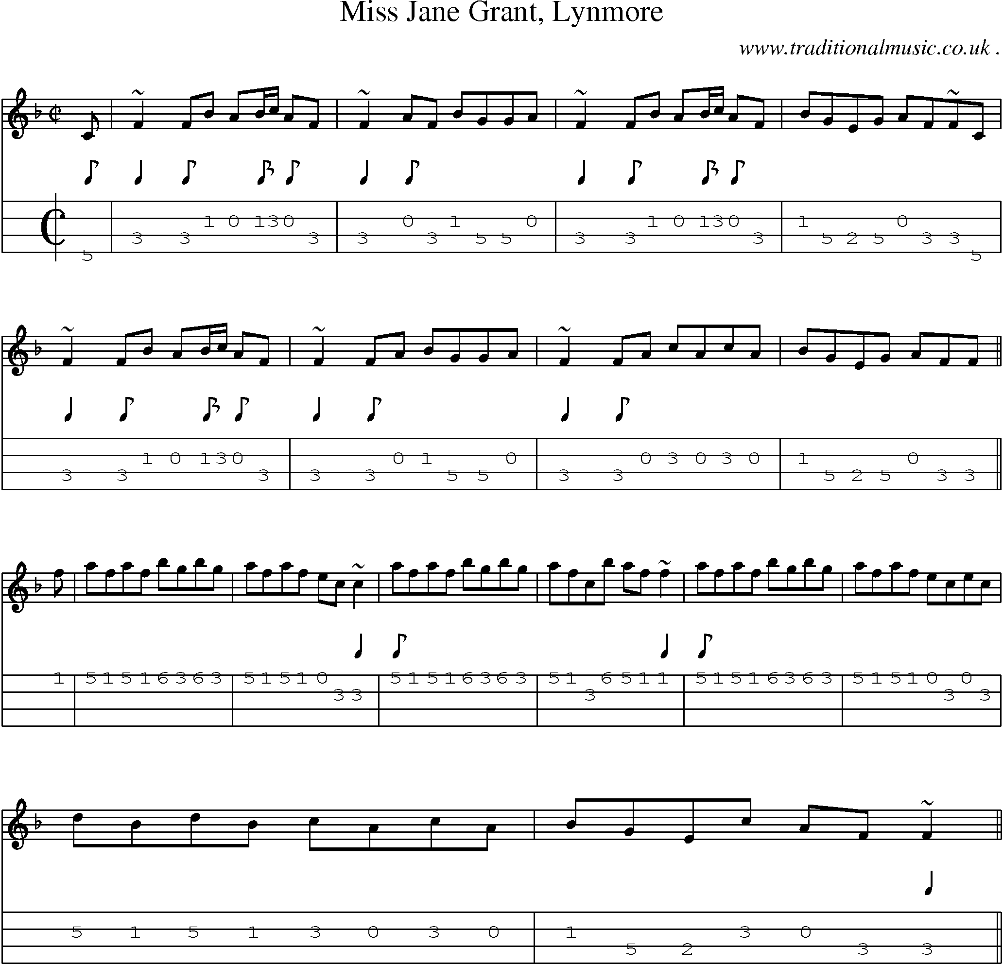 Sheet-music  score, Chords and Mandolin Tabs for Miss Jane Grant Lynmore