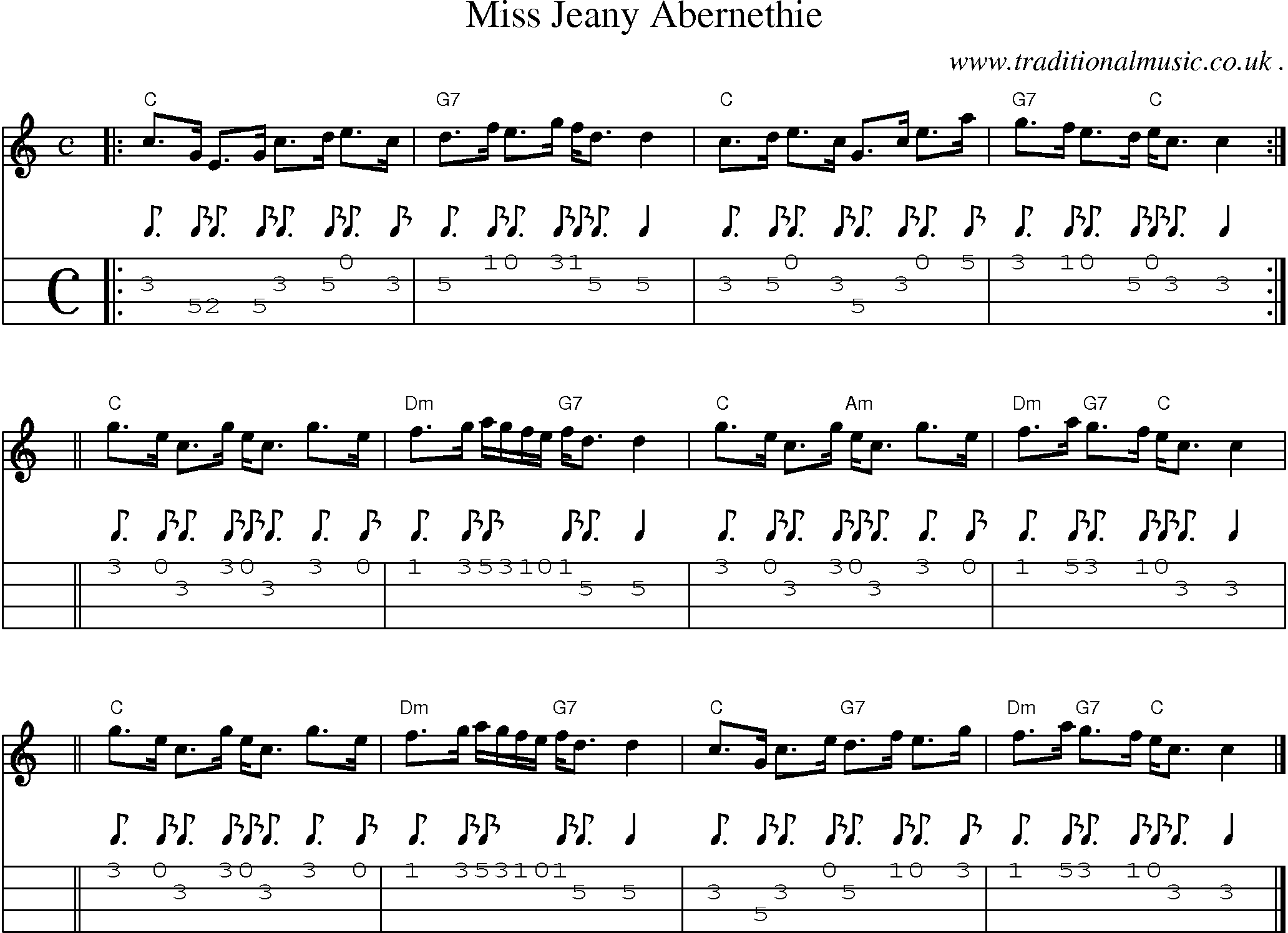 Sheet-music  score, Chords and Mandolin Tabs for Miss Jeany Abernethie