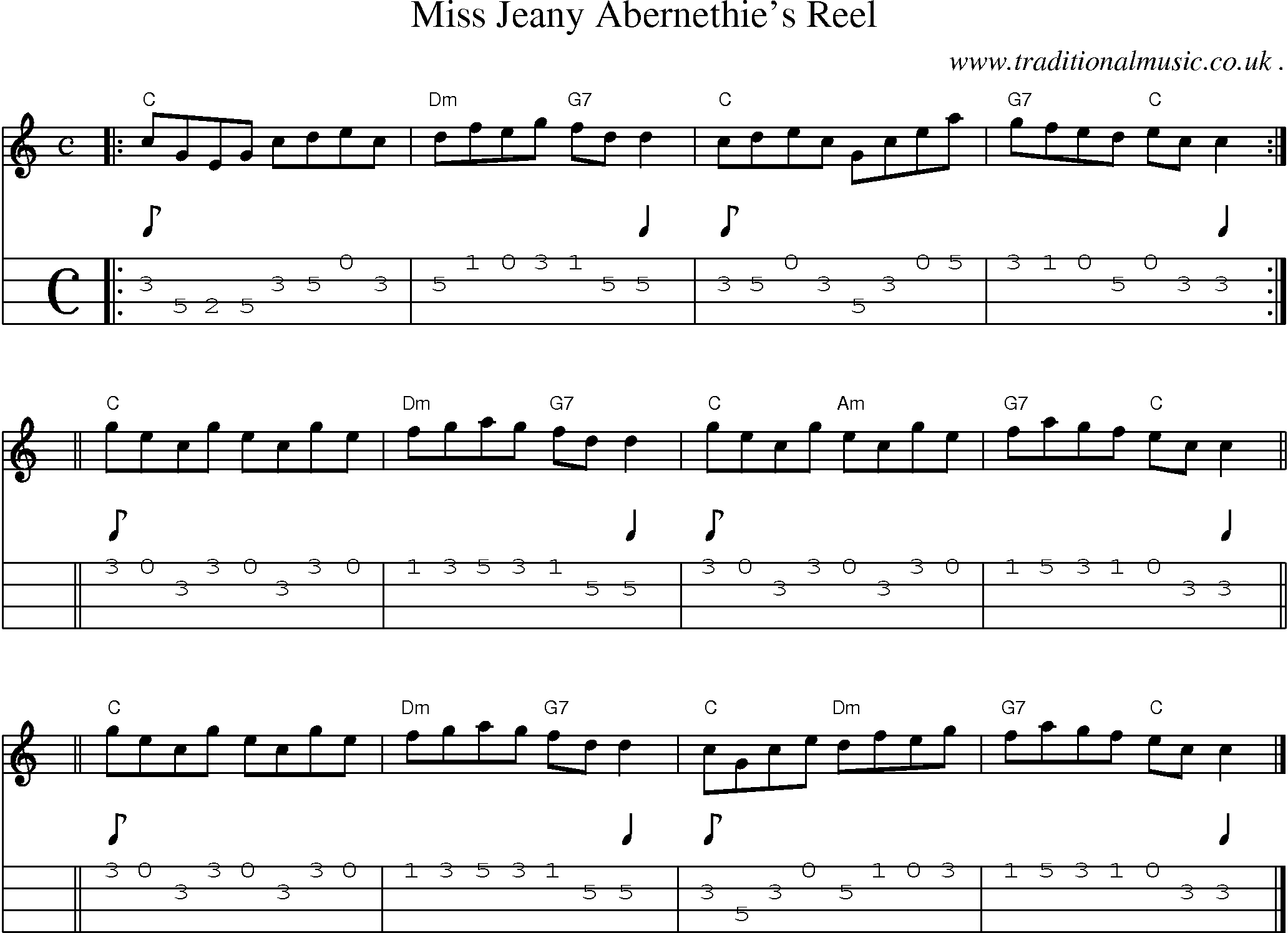 Sheet-music  score, Chords and Mandolin Tabs for Miss Jeany Abernethies Reel