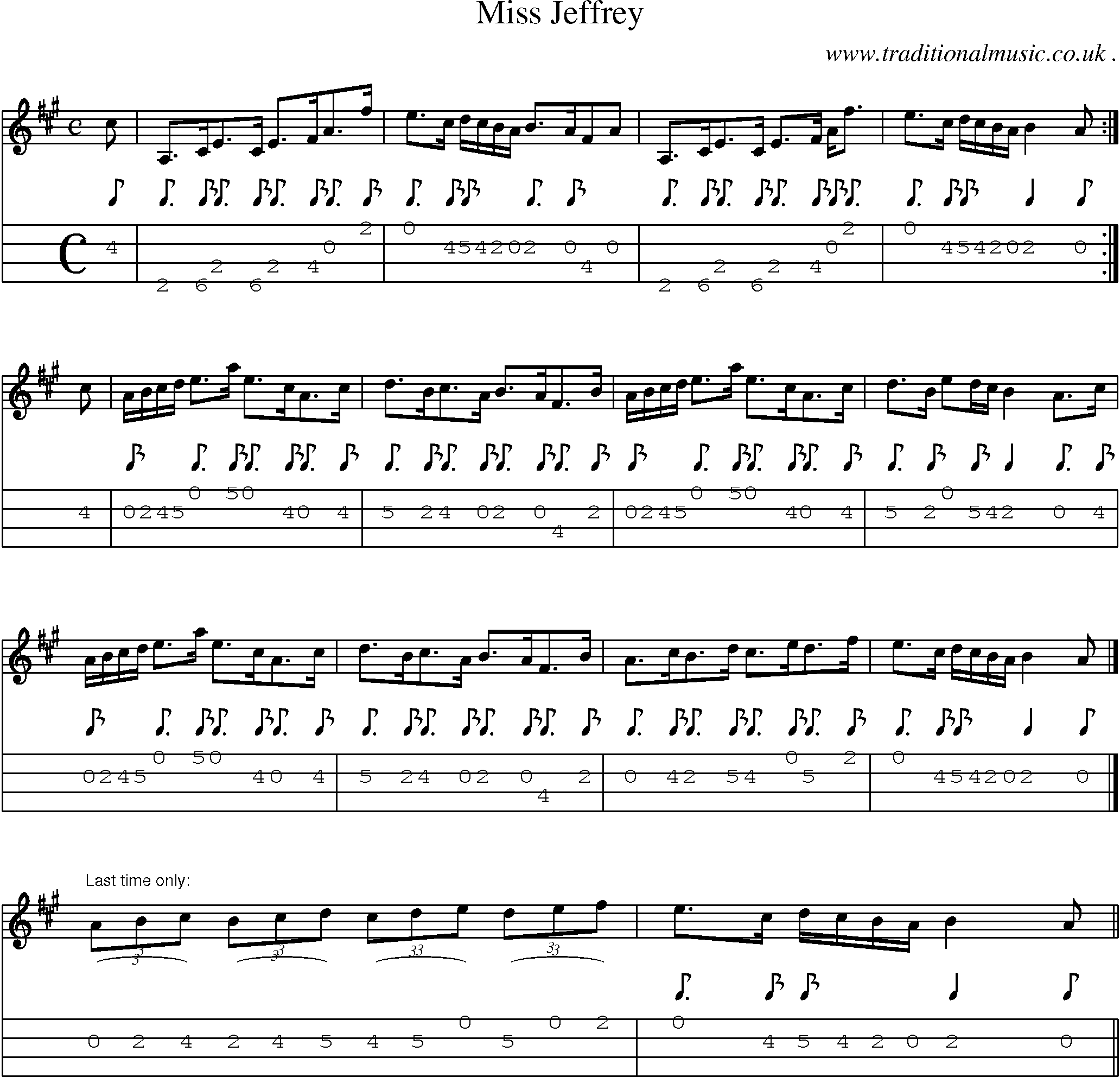 Sheet-music  score, Chords and Mandolin Tabs for Miss Jeffrey