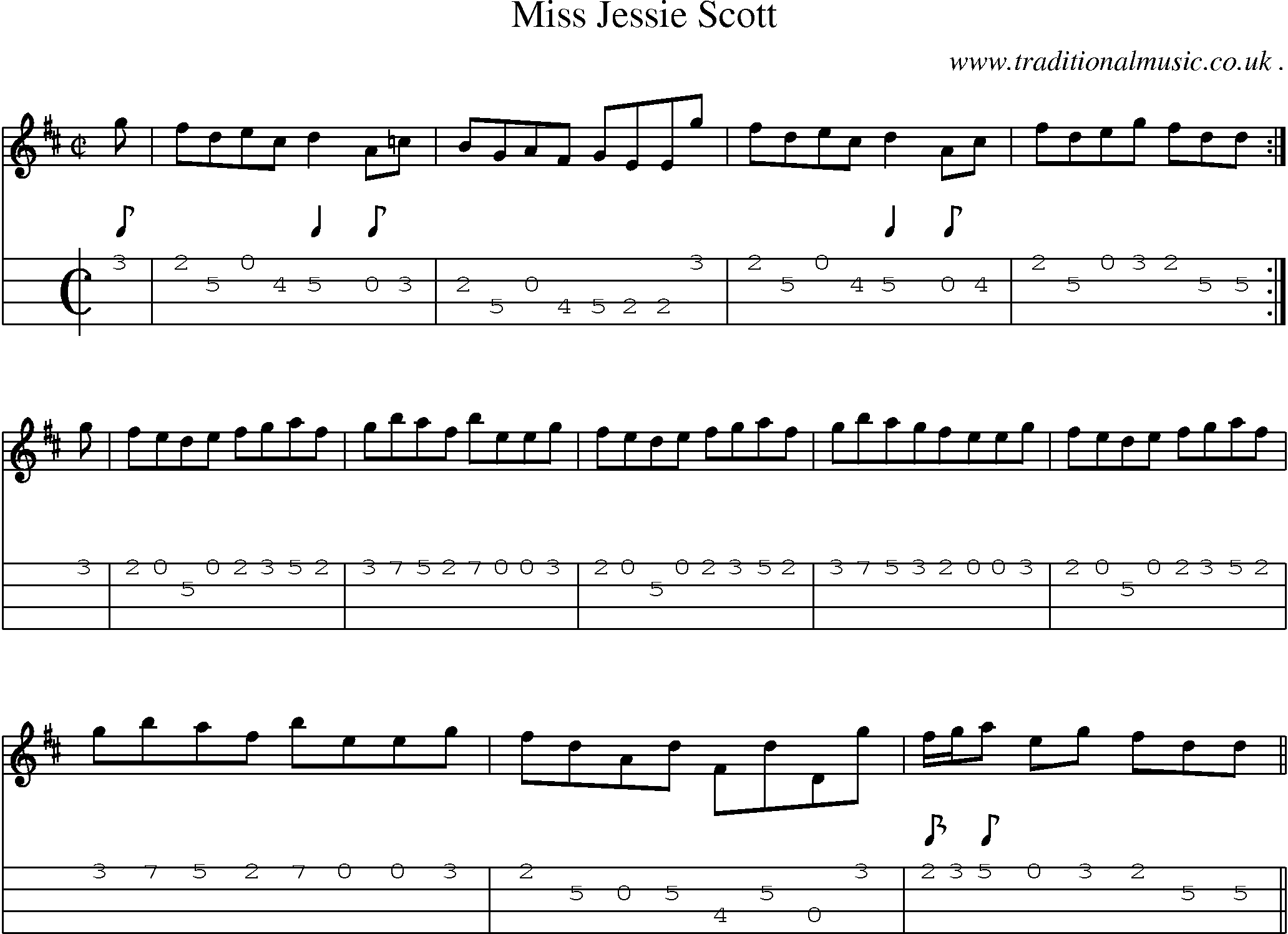 Sheet-music  score, Chords and Mandolin Tabs for Miss Jessie Scott